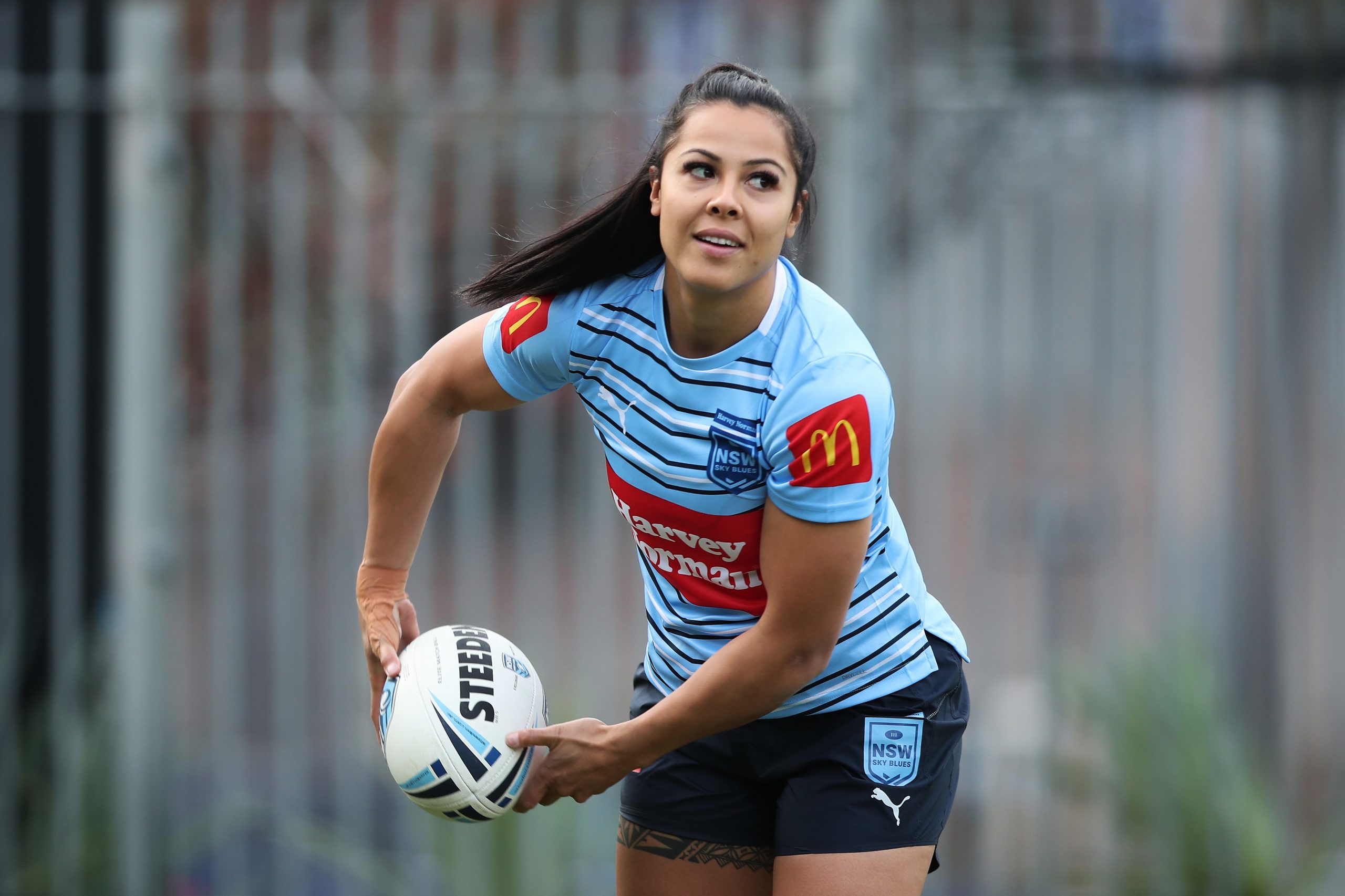 Tiana Penitani passes during the New South Wales State of Origin media opportunity at NSWRL Centre of Excellence, on June 18, 2021 in Sydney, Australia.