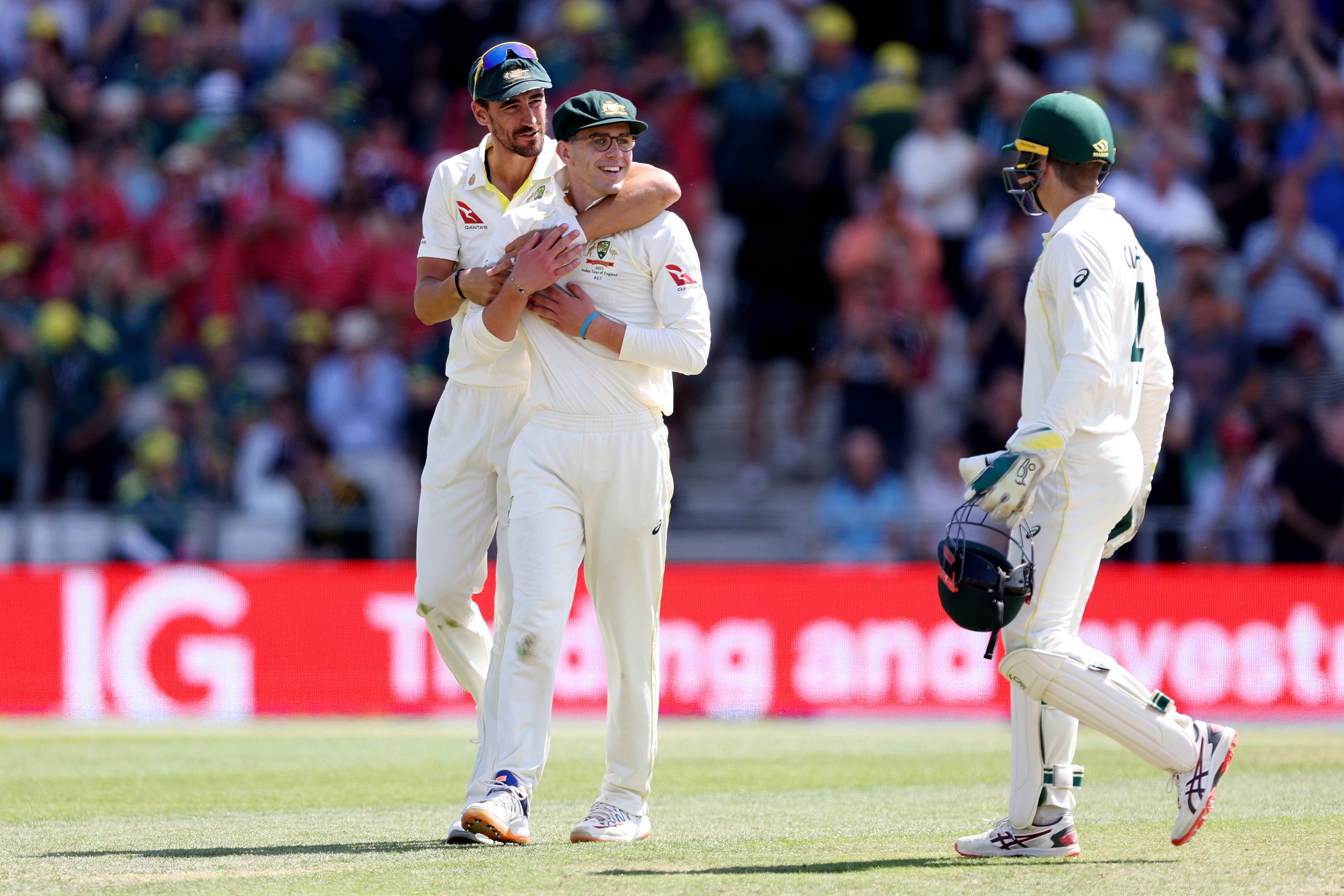 LEEDS, ENGLAND - JULY 07:  Todd Murphy of Australia celebrates with Mitchell Starc after dismissing England captain Ben Stokes during Day Two of the LV= Insurance Ashes 3rd Test Match between England and Australia at Headingley on July 07, 2023 in Leeds, England. (Photo by Richard Heathcote/Getty Images)