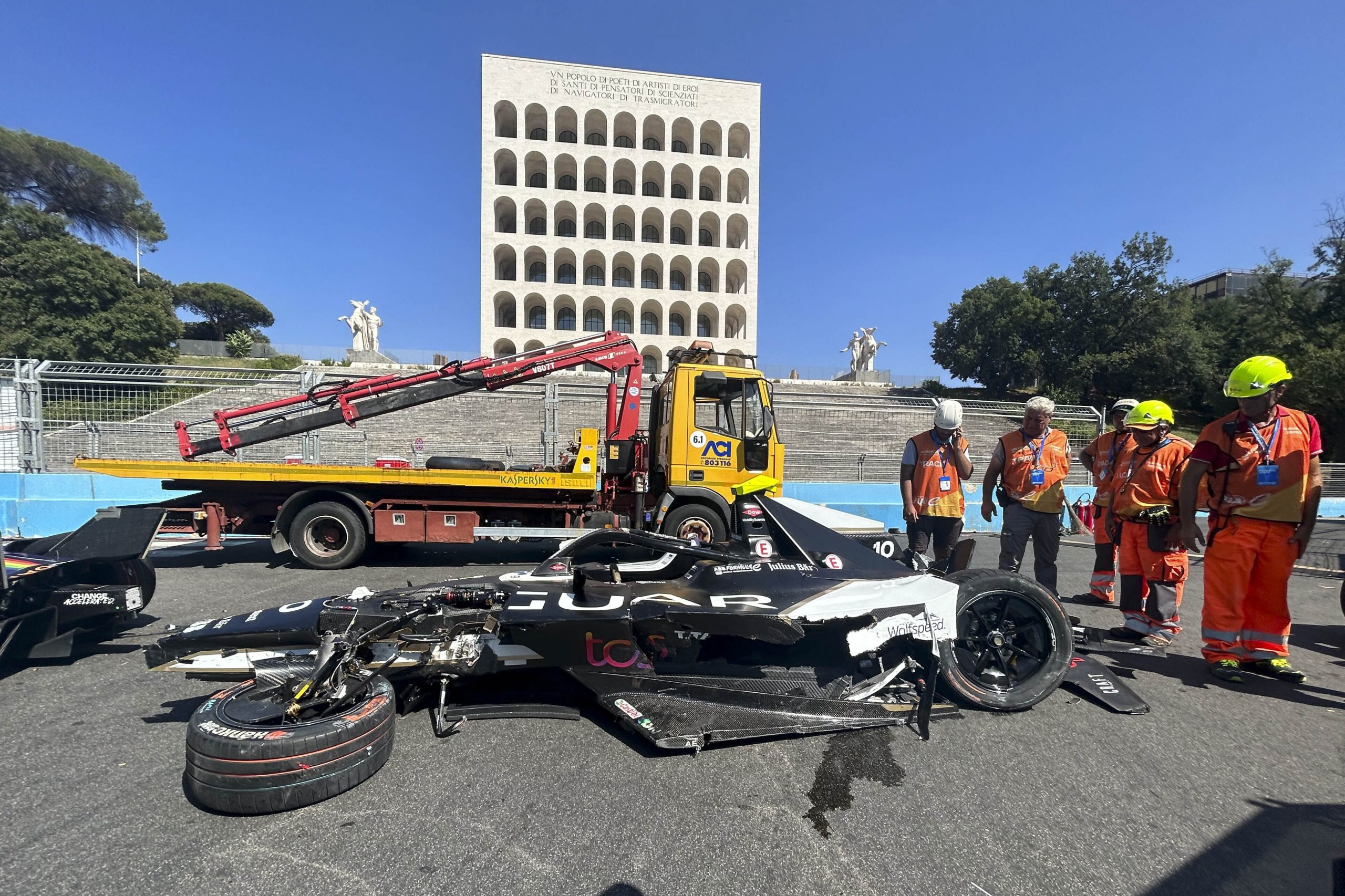 The remains of Sam Bird's car after the enormous Formula E pile-up in Rome.