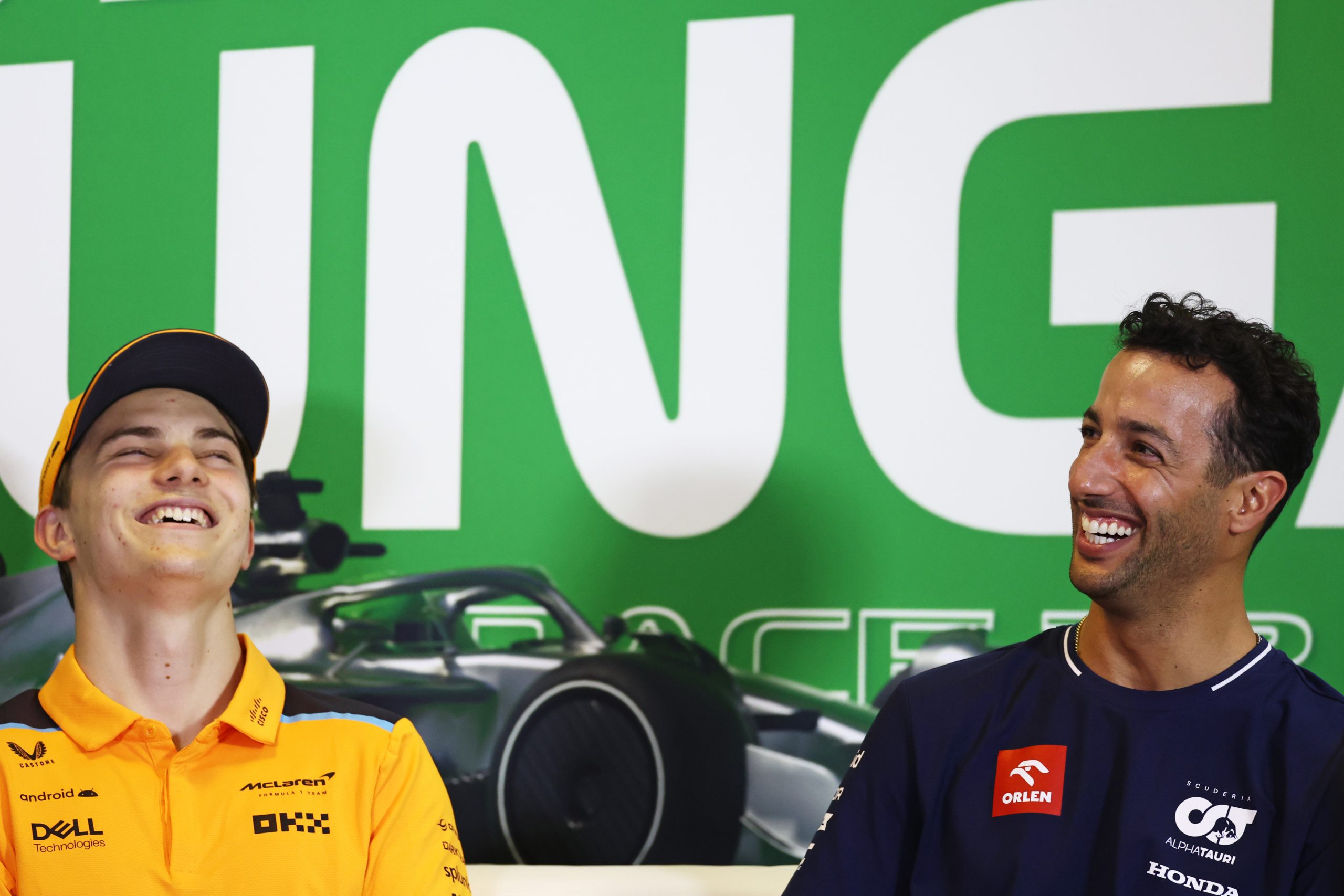 Daniel Ricciardo of Australia and Scuderia AlphaTauri and Oscar Piastri of Australia and McLaren attend the Drivers Press Conference during previews ahead of the F1 Grand Prix of Hungary at Hungaroring on July 20, 2023 in Budapest, Hungary. (Photo by Bryn Lennon/Getty Images)