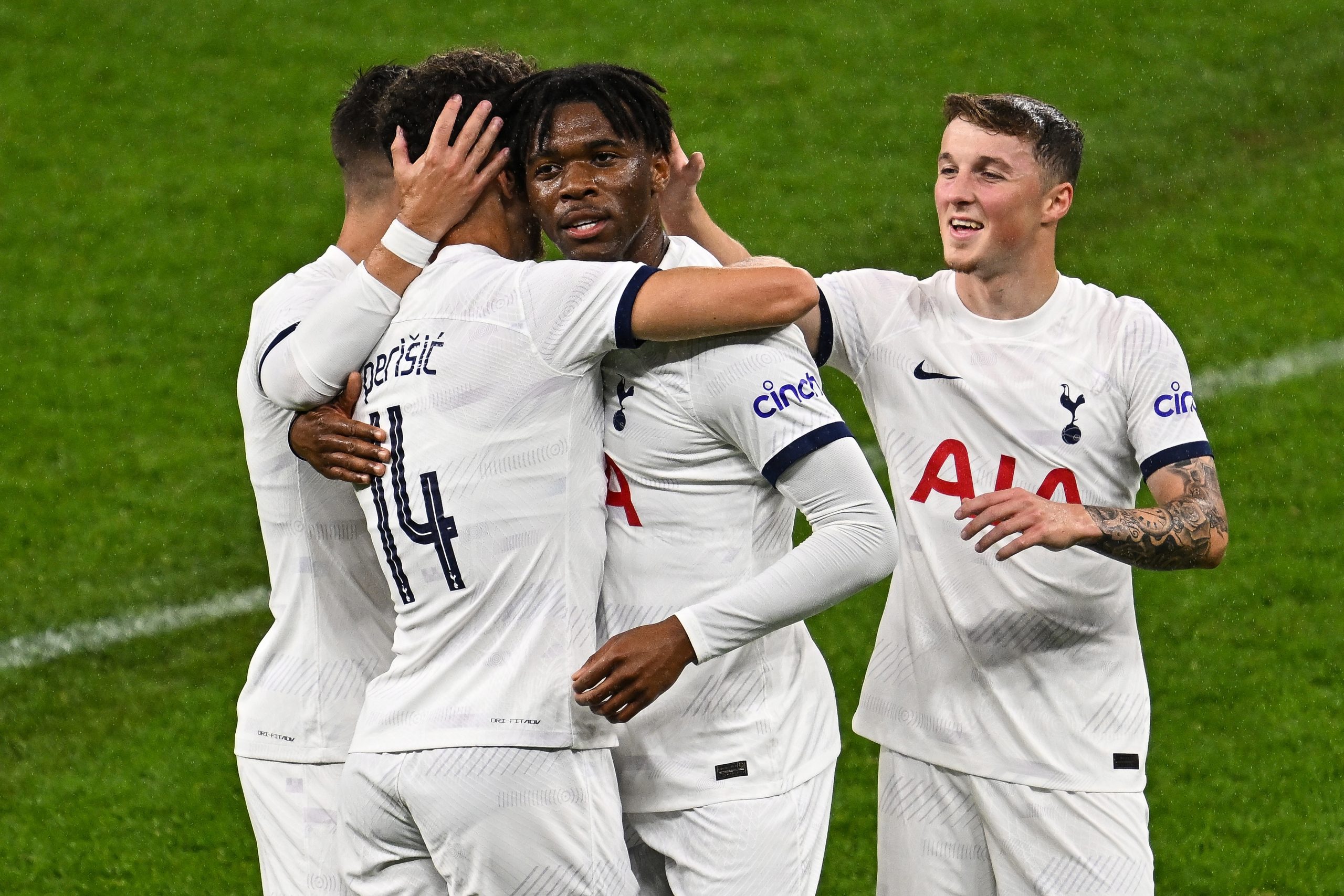 PERTH, AUSTRALIA - JULY 18: Destiny Udogie of Tottenham celebrates a goal during the pre-season friendly match between Tottenham Hotspur and West Ham United at Optus Stadium on July 18, 2023 in Perth, Australia. (Photo by Daniel Carson/Getty Images)