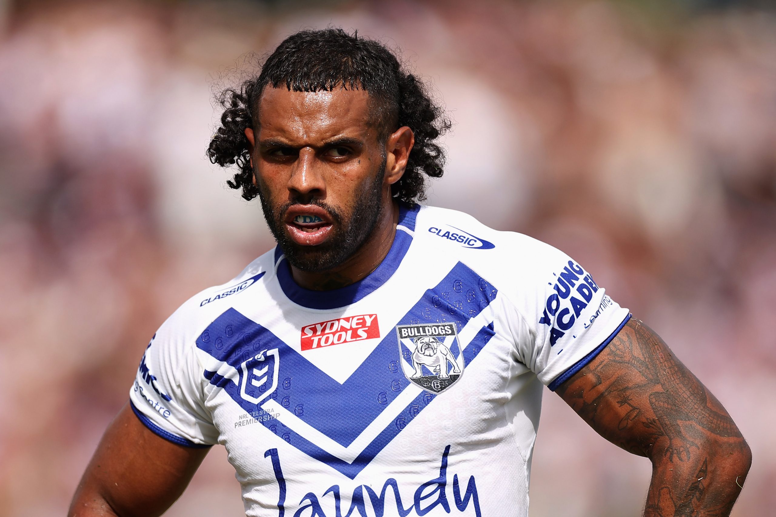 SYDNEY, AUSTRALIA - MARCH 04: Josh Addo-Carr of the Bulldogs looks on during the round one NRL match between the Manly Sea Eagles and the Canterbury Bulldogs at 4 Pines Park on March 04, 2023 in Sydney, Australia. (Photo by Cameron Spencer/Getty Images)