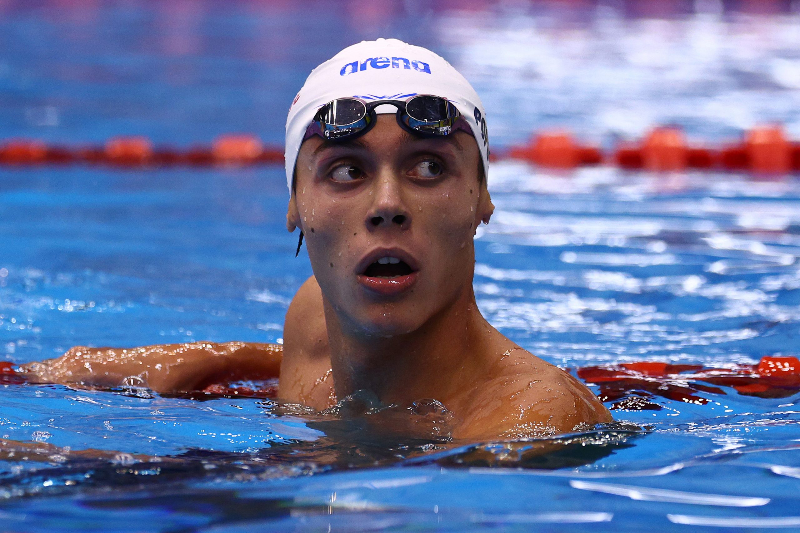 FUKUOKA, JAPAN - JULY 25: David Popovici of Team Romania looks on in the Men's 200m Freestyle Final on day three of the Fukuoka 2023 World Aquatics Championships at Marine Messe Fukuoka Hall A on July 25, 2023 in Fukuoka, Japan. (Photo by Clive Rose/Getty Images)