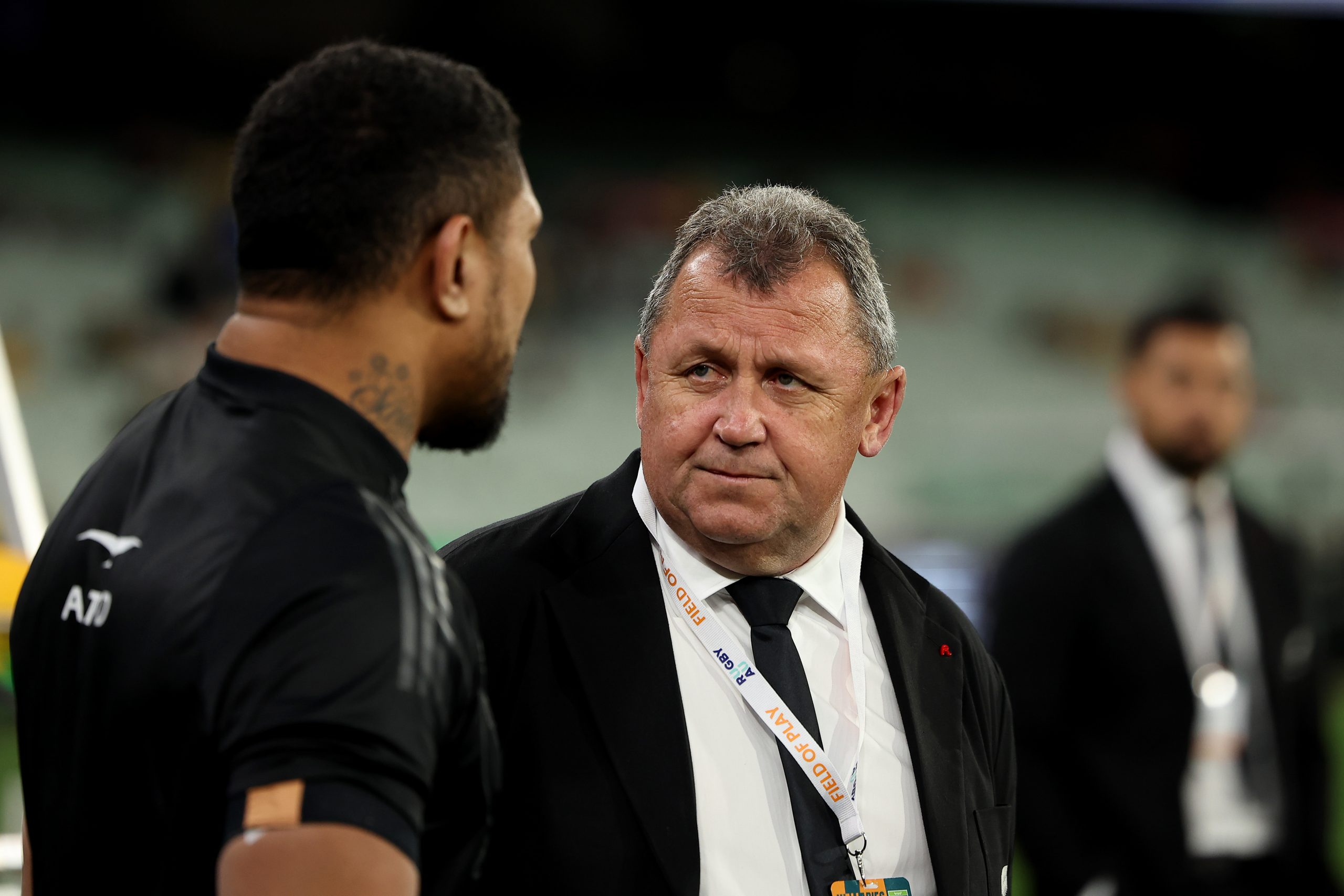 Ian Foster talks with Ardie Savea.