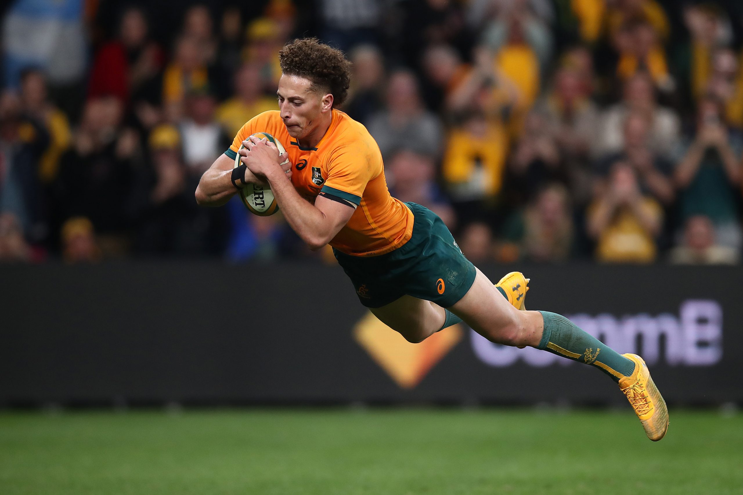 Mark Nawaqanitawase of the Wallabies scores a try.