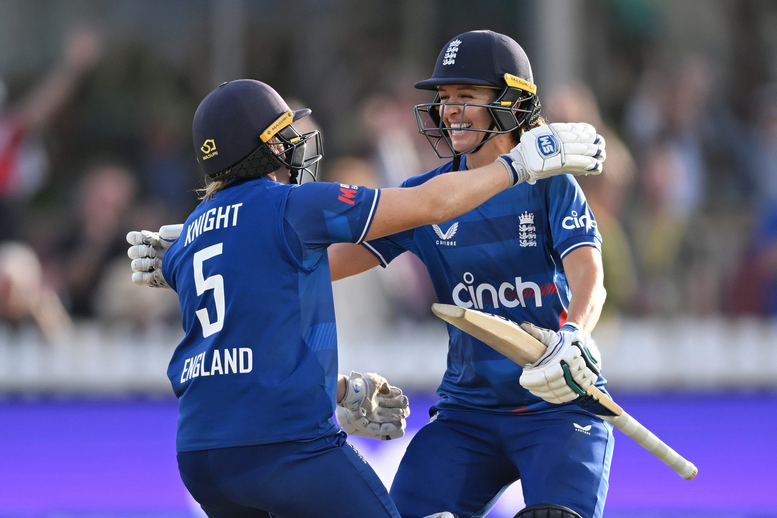England captain Heather Knight and Kate Cross celebrate winning the Women's Ashes 1st We Got Game ODI match between England and Australia at Seat Unique Stadium on July 12, 2023 in Bristol, England. (Photo by Gareth Copley/Getty Images)