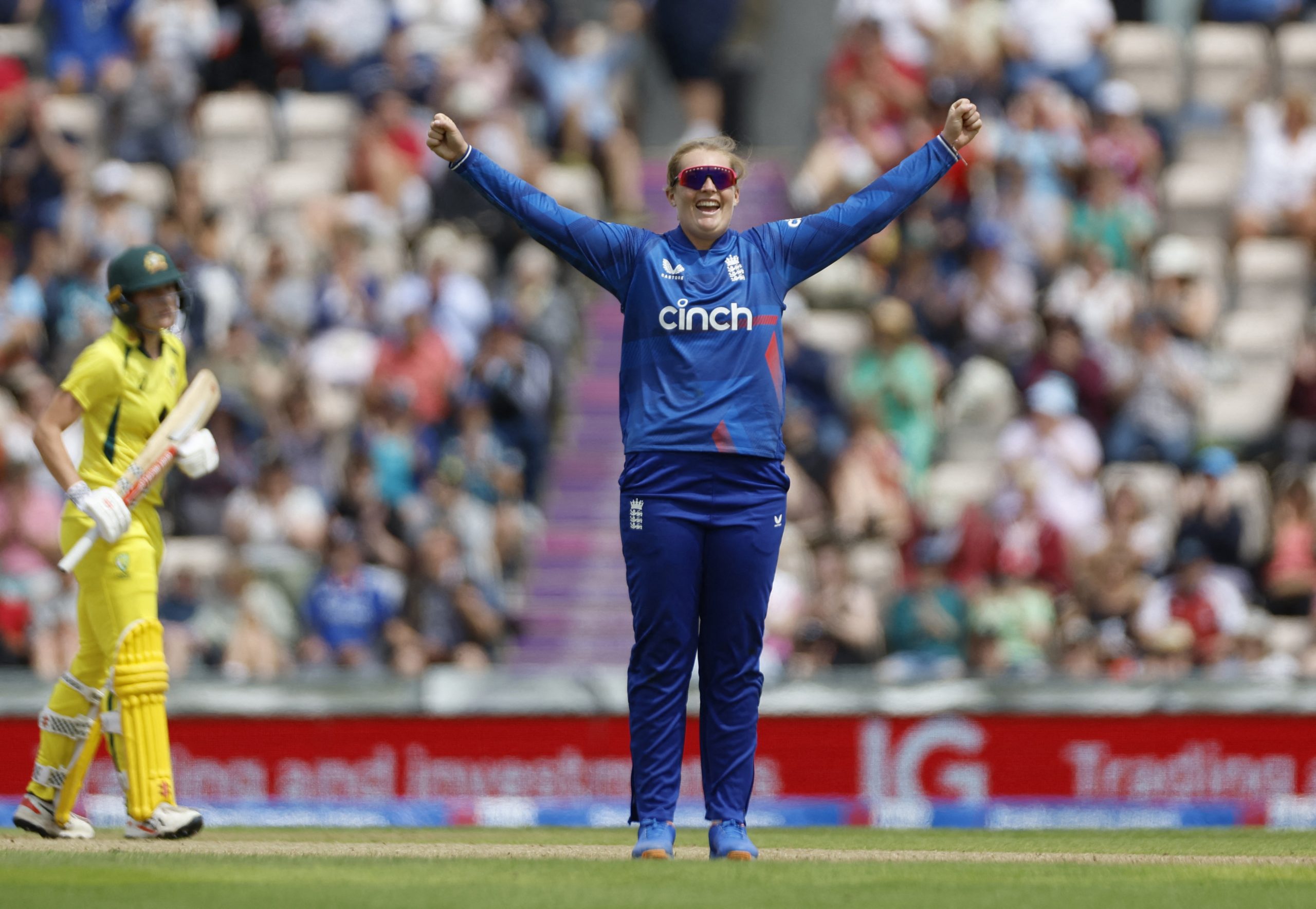 England's Sophie Ecclestone celebrates after taking the wicket of Australia's Ellyse Perry.