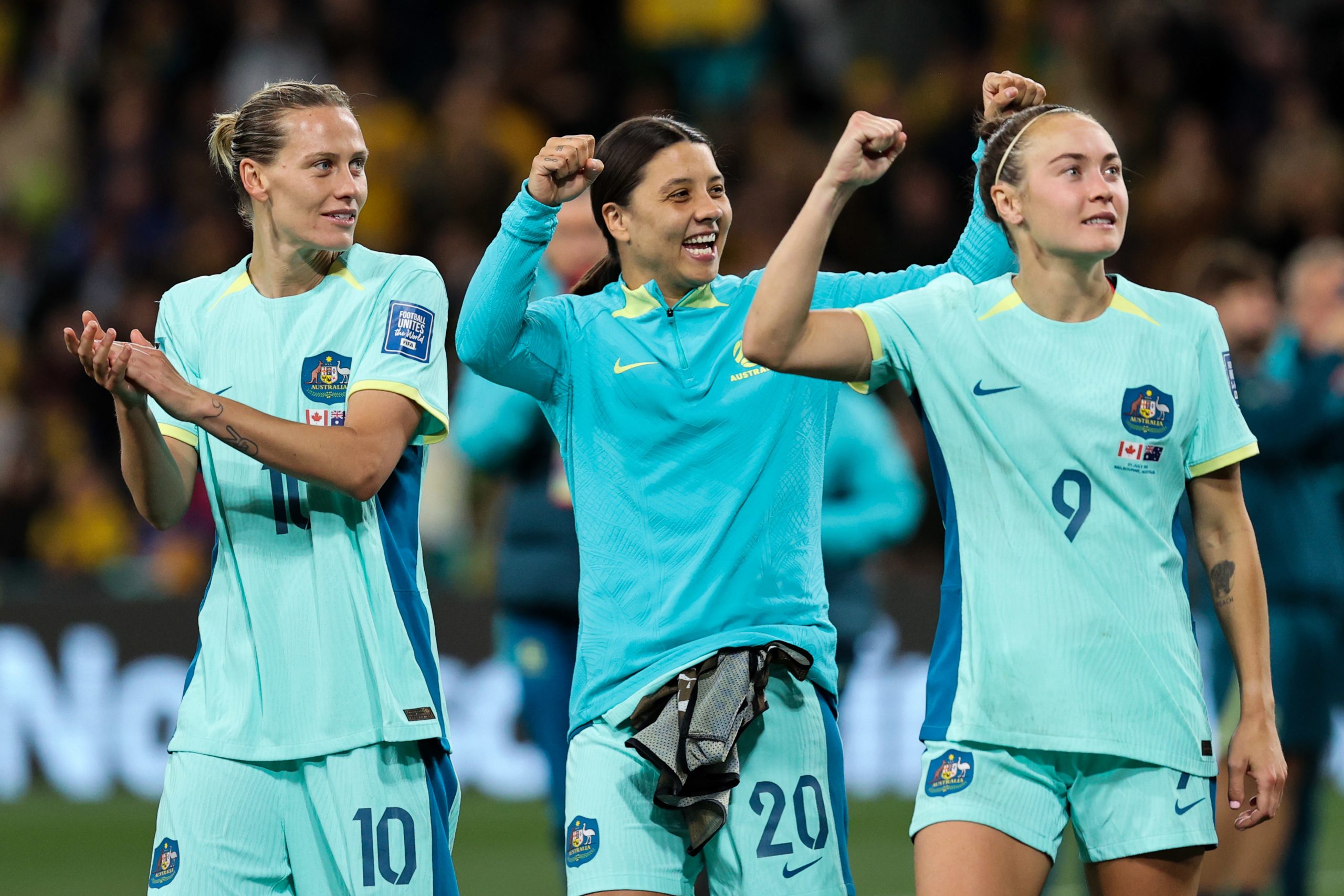 MELBOURNE, AUSTRALIA - JULY 31: Caitlin Foord #9, Sam Kerr #20, Emily Van Egmond #10 of Australia thank the fans after the FIFA Women's World Cup Australia & New Zealand 2023 Group B match between Canada and Australia at Melbourne Rectangular Stadium on July 31, 2023 in Melbourne, Australia. (Photo by Zhizhao Wu/Getty Images )