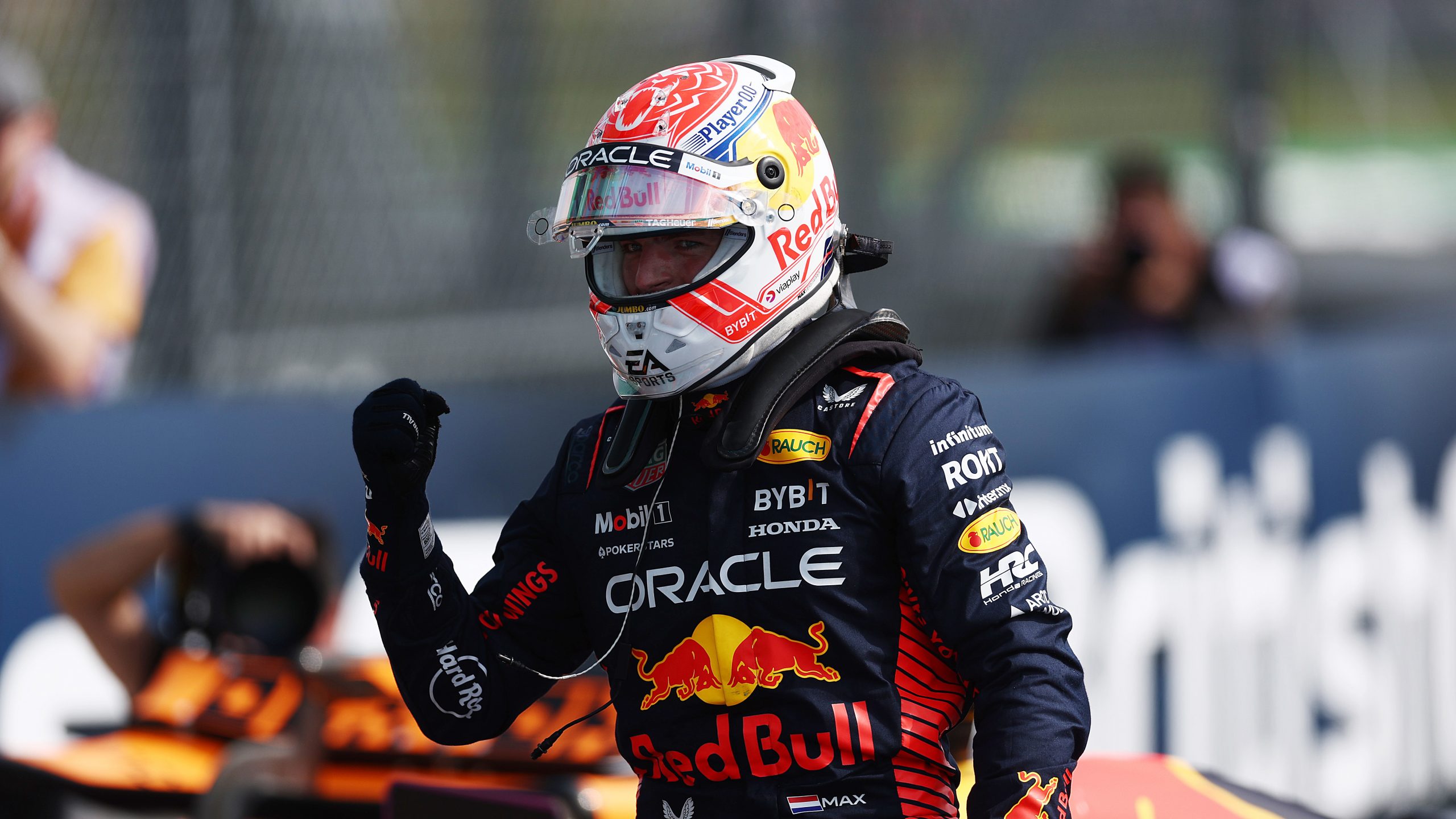 Pole position qualifier Max Verstappen of the Netherlands and Oracle Red Bull Racing celebrates in parc ferme during qualifying ahead of the F1 Grand Prix of Great Britain at Silverstone Circuit on July 08, 2023 in Northampton, England. (Photo by Bryn Lennon - Formula 1/Formula 1 via Getty Images)