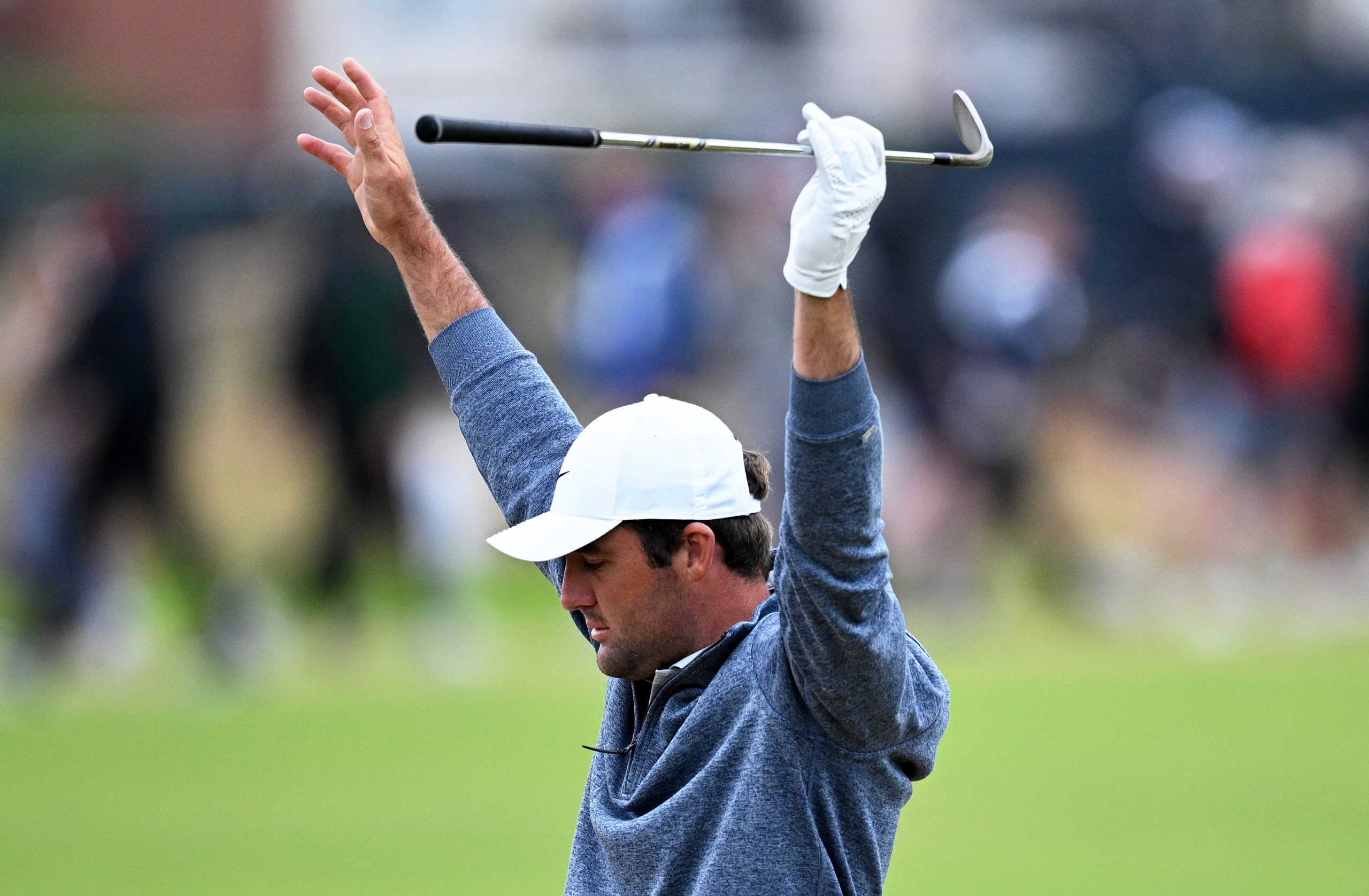 HOYLAKE, ENGLAND - JULY 21: Scottie Scheffler of the United States reacts after a chip on the 18th during Day Two of The 151st Open at Royal Liverpool Golf Club on July 21, 2023 in Hoylake, England. (Photo by Stuart Franklin/R&A/R&A via Getty Images)