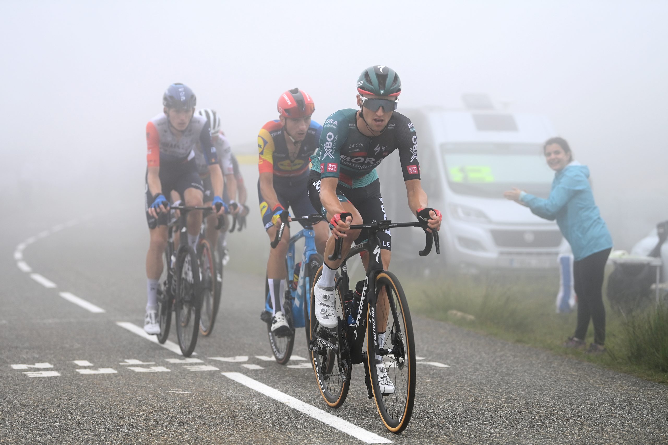Jai Hindley of Australia and Team BORA-Hansgrohe competing through the fog during the stage five of the 110th Tour de France 2023 a 162.7km stage from Pau to Laruns / #UCIWT / on July 05, 2023 in Laruns, France. (Photo by Tim de Waele/Getty Images)