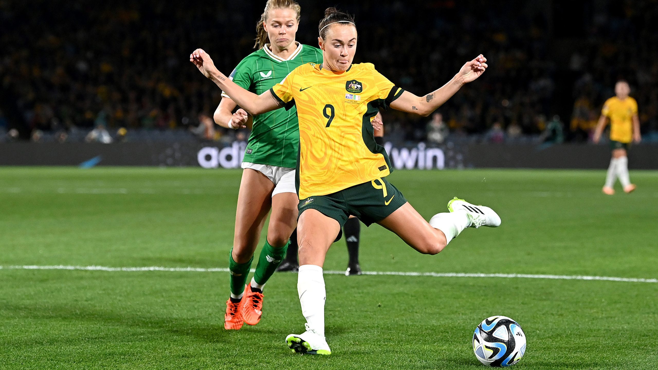 Star Matildas forward Caitlin Foord attempts a shot against Ireland in Australia's World Cup opener at Stadium Australia.