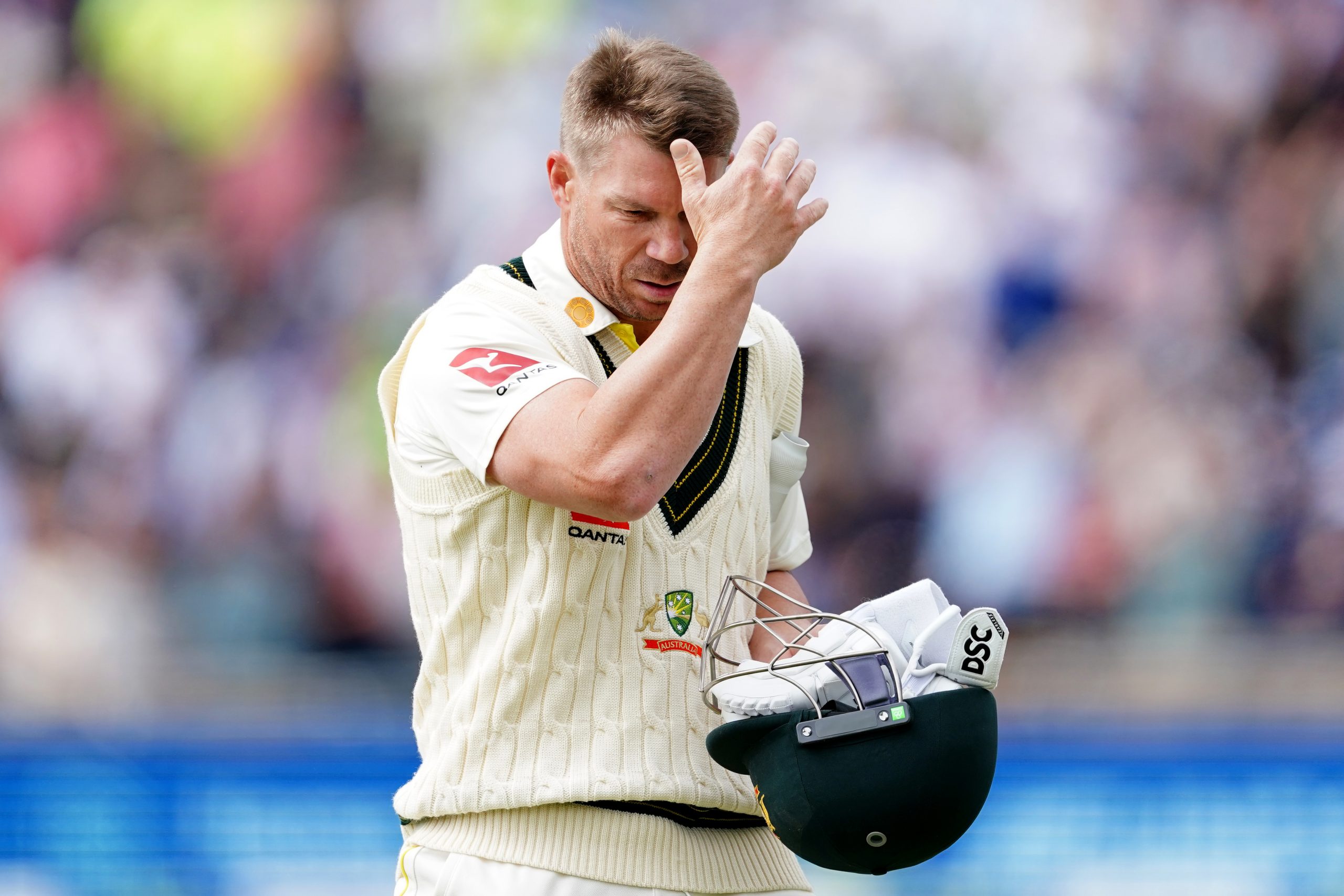 Australia's David Warner looks dejected after being dismissed by England's Stuart Broad (not pictured) during day one of the third Ashes test match at Headingley, Leeds. Picture date: Thursday July 6, 2023. (Photo by Mike Egerton/PA Images via Getty Images)