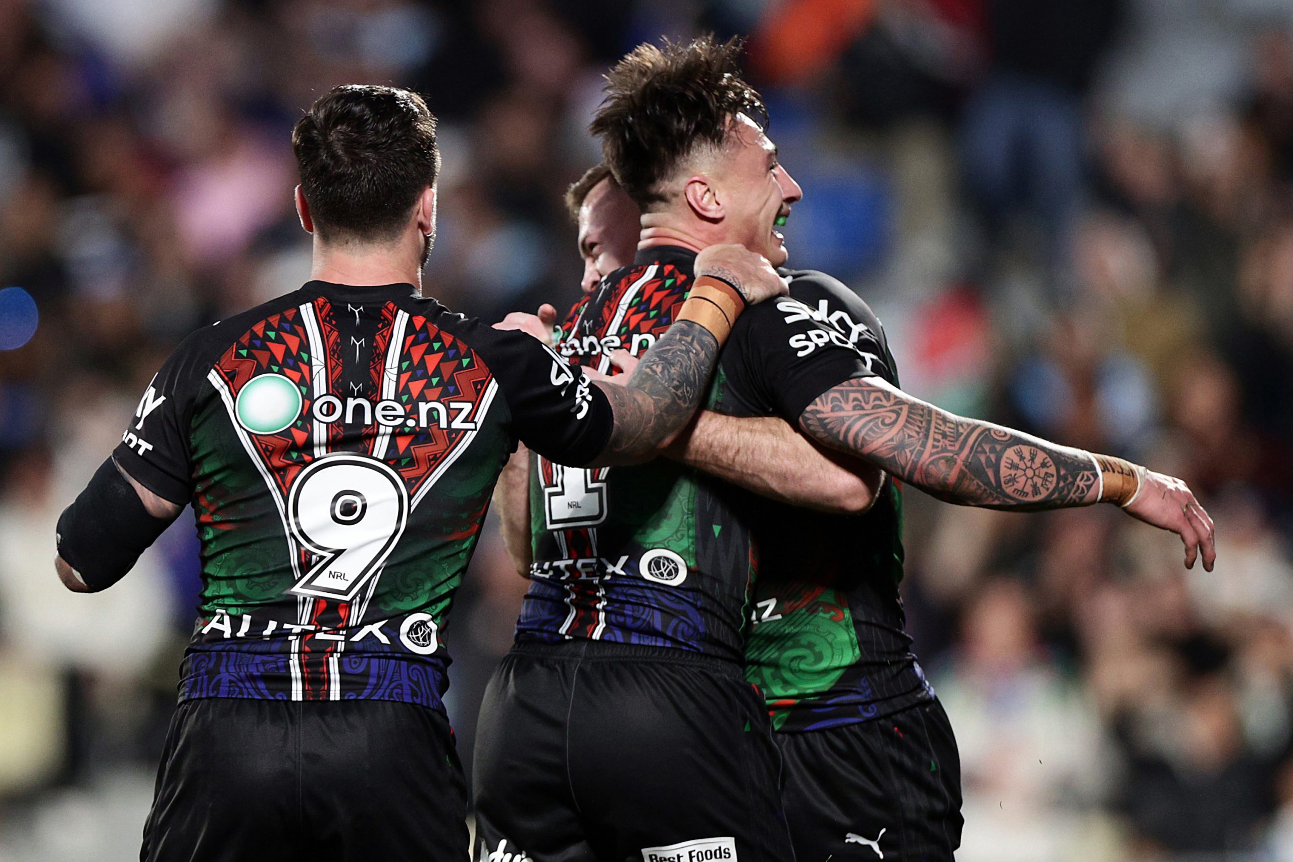 AUCKLAND, NEW ZEALAND - JULY 16: Charnze Nicoll-Klokstad of the Warriors celebrates his try during the round 20 NRL match between the New Zealand Warriors and the Cronulla Sharks at Mt Smart Stadium on July 16, 2023 in Auckland, New Zealand. (Photo by Dave Rowland/Getty Images)