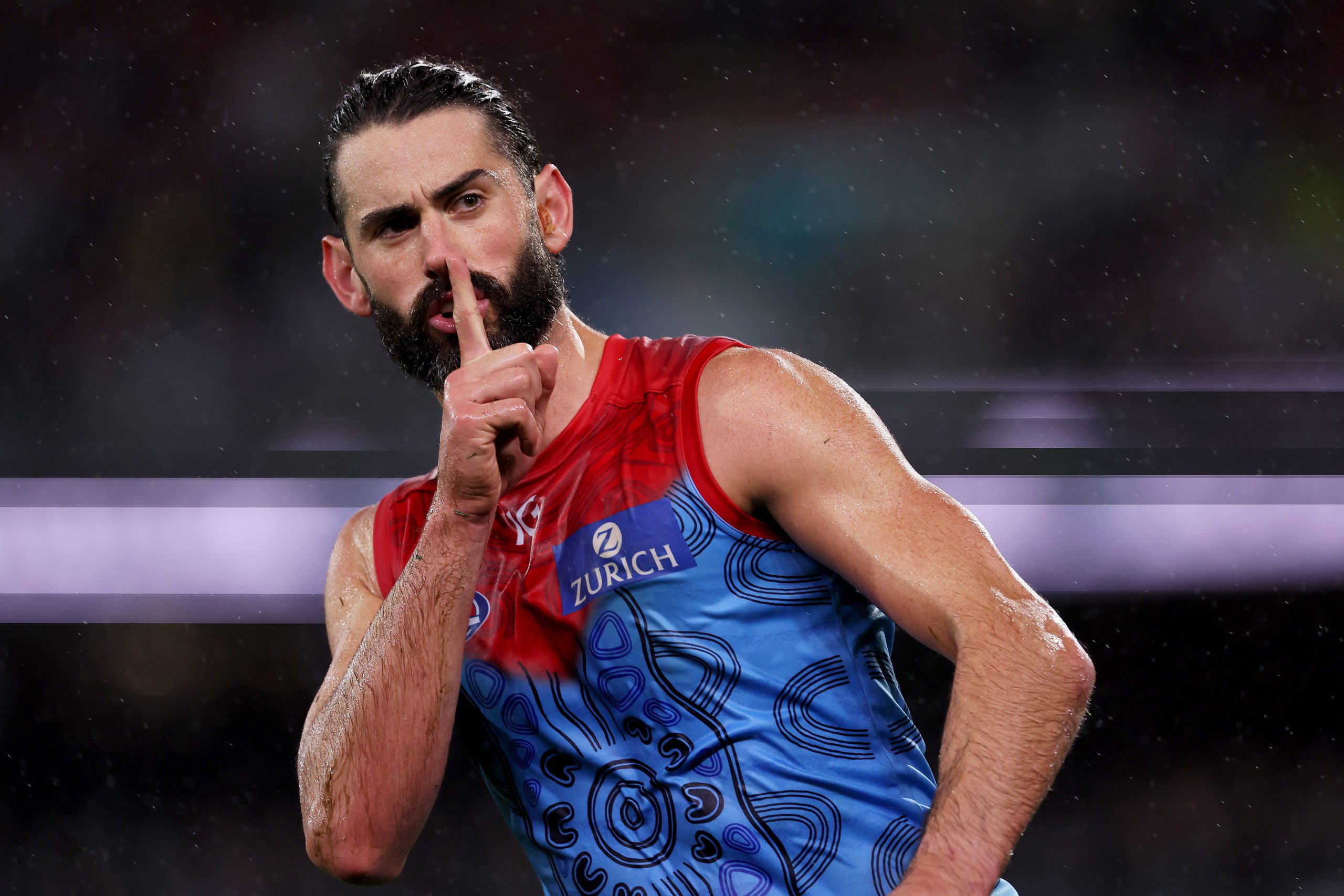 ADELAIDE, AUSTRALIA - MAY 19: Brodie Grundy of the Demons celebrates a goal during the 2023 AFL Round 10 match between Yartapuulti/Port Adelaide Power and Narrm/Melbourne Demons at Adelaide Oval on May 19, 2023 in Adelaide, Australia. (Photo by James Elsby/AFL Photos)