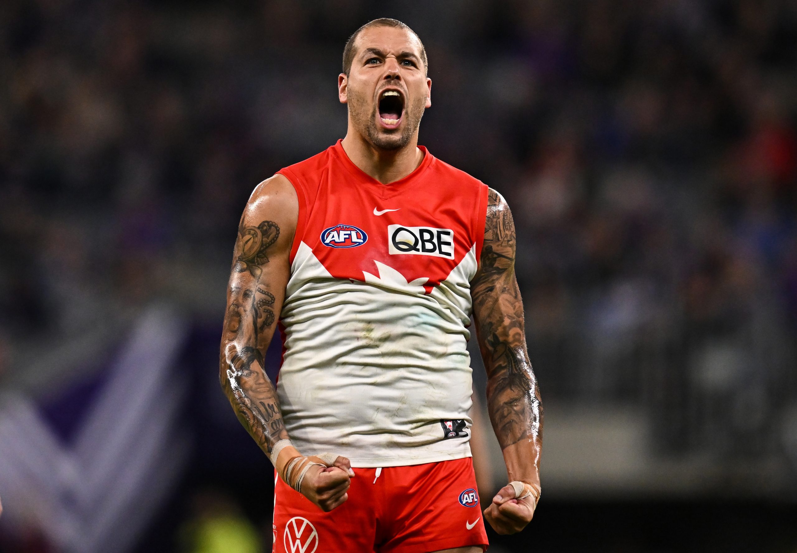 PERTH, AUSTRALIA - JULY 22: Lance Franklin of the Swans celebrates a goal during the 2023 AFL Round 19 match between the Fremantle Dockers and the Sydney Swans at Optus Stadium on July 22, 2023 in Perth, Australia. (Photo by Daniel Carson/AFL Photos via Getty Images)
