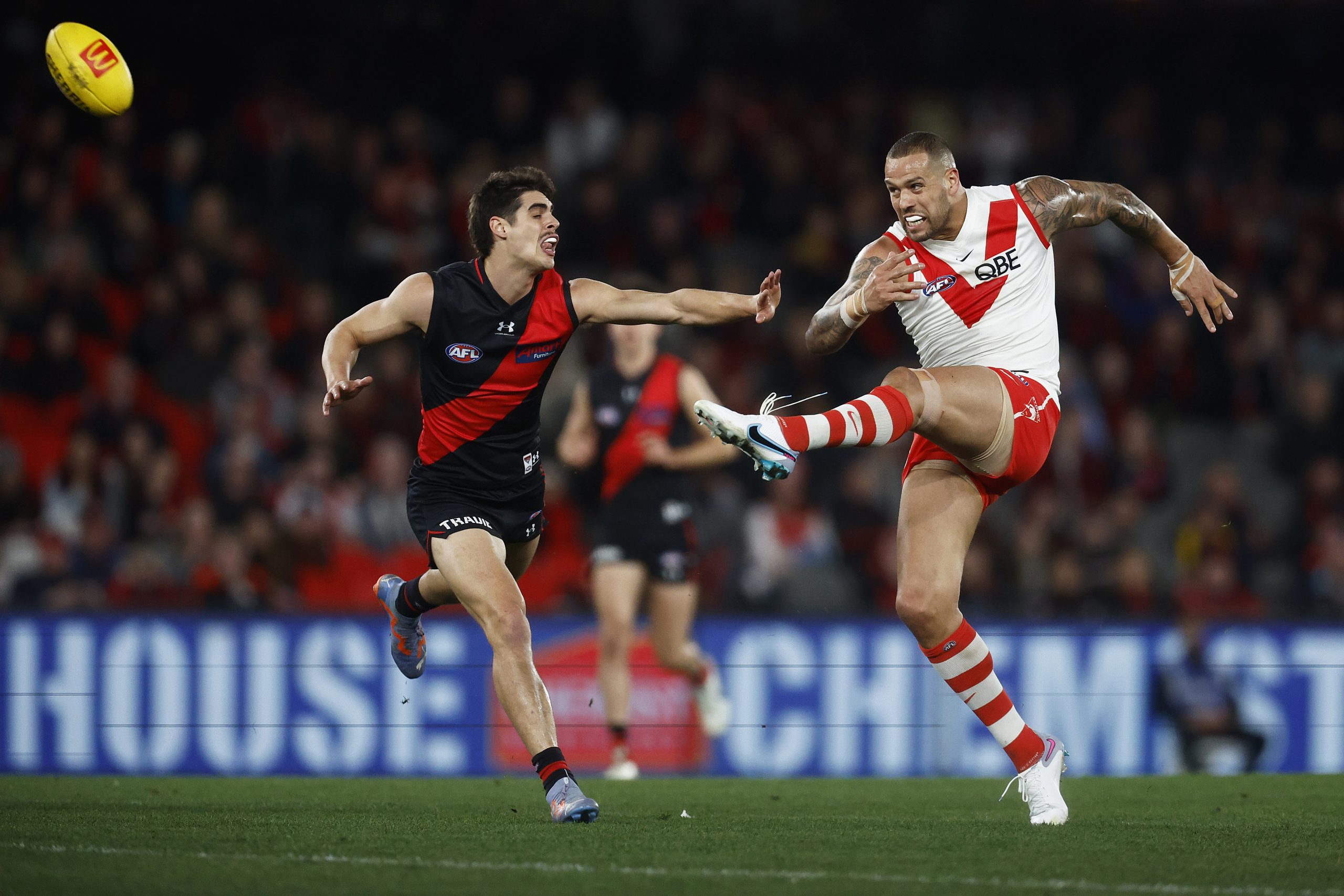 MELBOURNE, AUSTRALIA - JULY 29: Lance Franklin of the Swans kicks the ball during the round 20 AFL match between Essendon Bombers and Sydney Swans at Marvel Stadium, on July 29, 2023, in Melbourne, Australia. (Photo by Daniel Pockett/Getty Images)