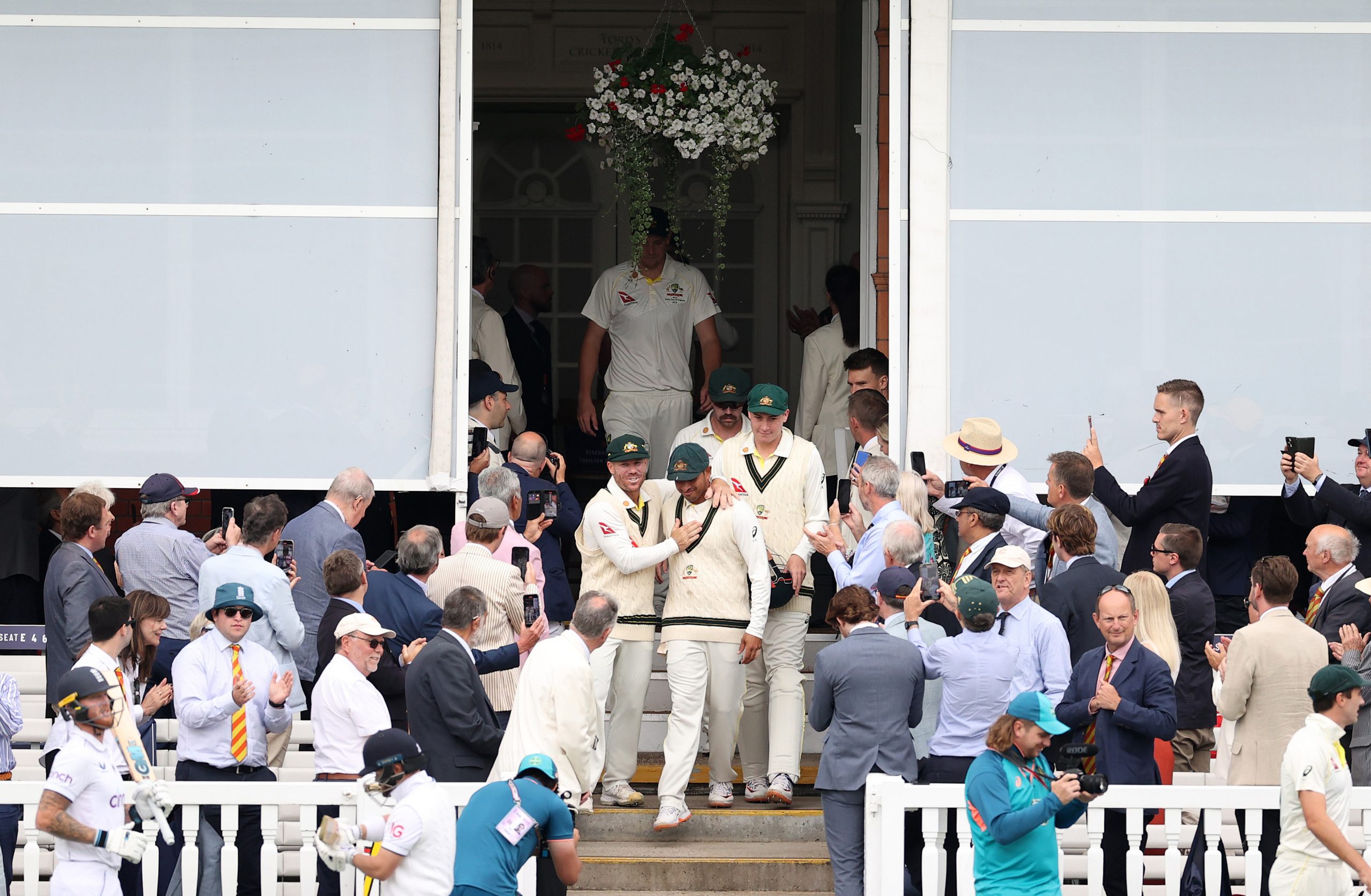 LONDON, ENGLAND - JULY 02: David Warner of Australia and Usman Khawaja of Australia take the the field during Day Five of the LV= Insurance Ashes 2nd Test match between England and Australia at Lord's Cricket Ground on July 2, 2023 in London, England. (Photo by Ryan Pierse/Getty Images)