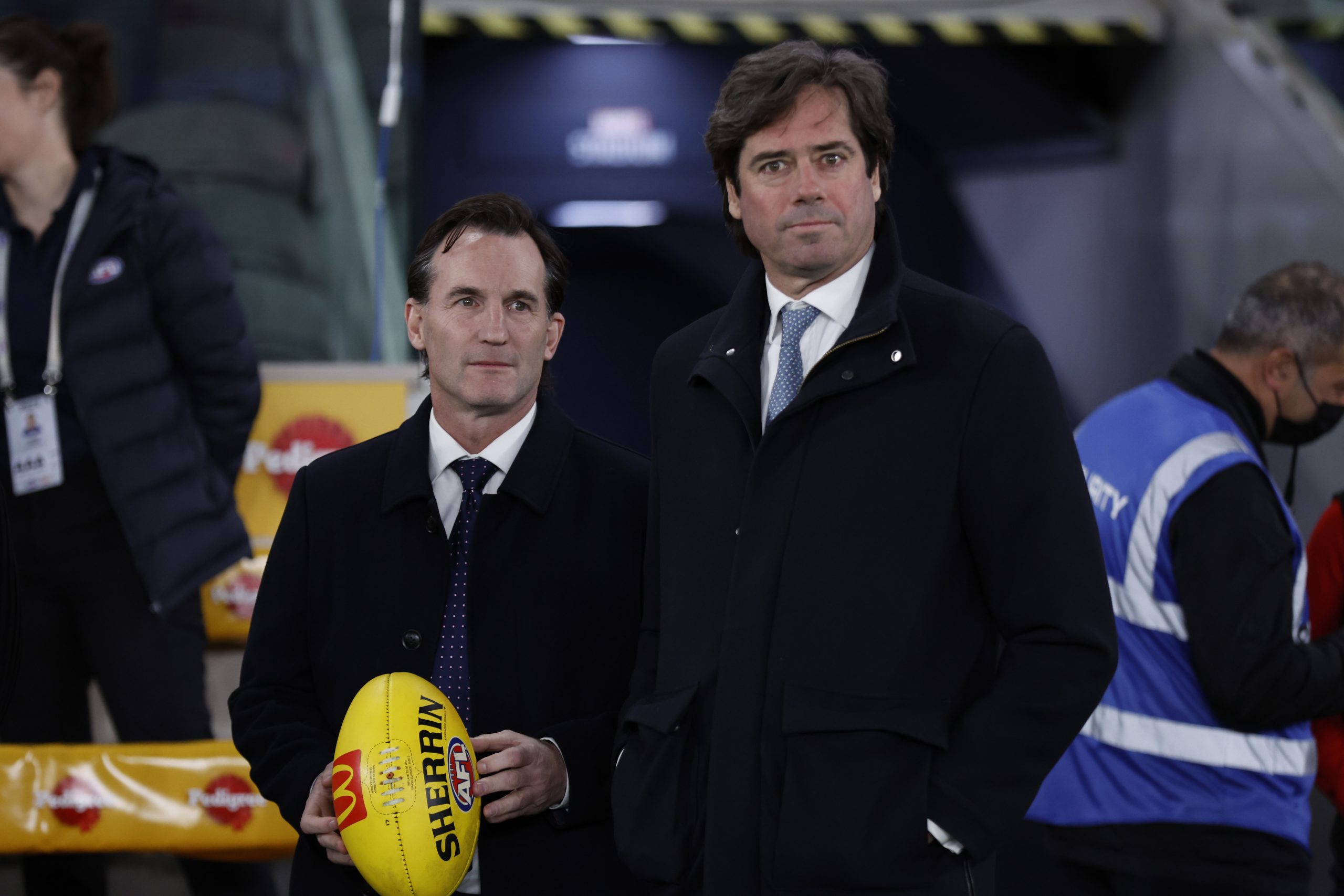 MELBOURNE, AUSTRALIA - JULY 07: Andrew Dillon and AFL CEO Gillon McLachlan are seen after  the round 17 AFL match between Western Bulldogs and Collingwood Magpies at Marvel Stadium, on July 07, 2023, in Melbourne, Australia. (Photo by Darrian Traynor/Getty Images)