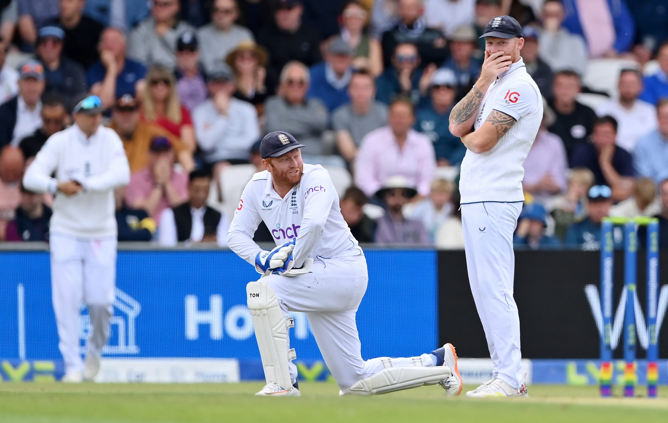 Wicketkeeper Jonathan Bairstow with England captain Ben Stokes after dropping Steve Smith.