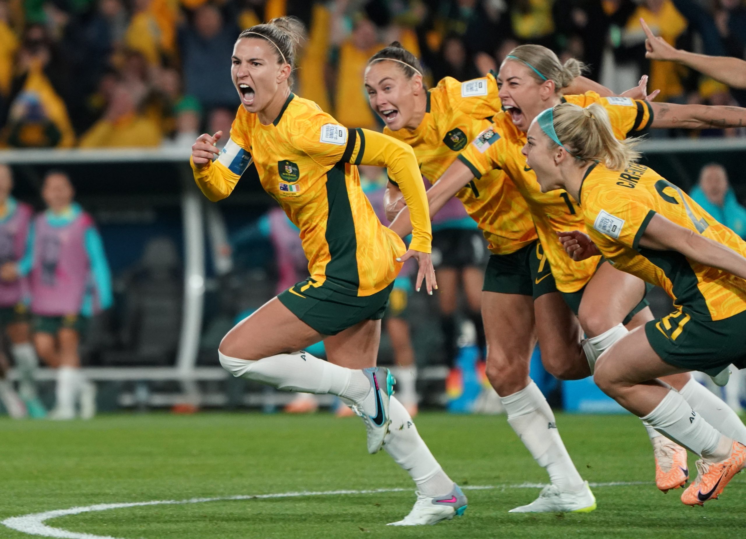 SYDNEY, AUSTRALIA - JULY 20:  Australia's Steph Catley celebrates scoring her side's first goal  during the FIFA Women's World Cup Australia & New Zealand 2023 Group B match between Australia and Ireland at Stadium Australia on July 20, 2023 in Sydney, Australia. (Photo by Stephanie Meek - CameraSport via Getty Images)