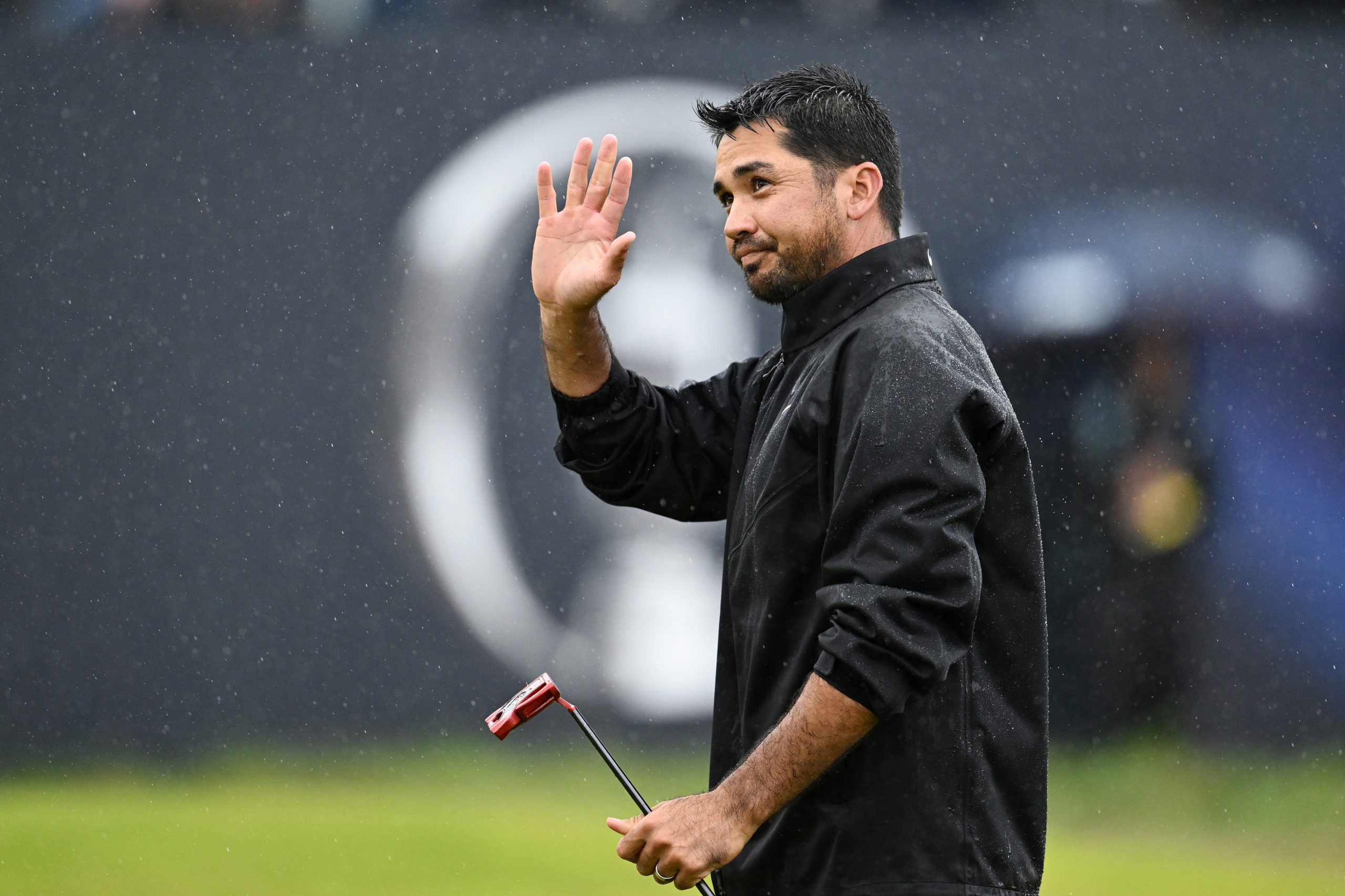 Jason Day of Australia interacts with the crowd on the 18th green during Day Four of The 151st Open at Royal Liverpool Golf Club on July 23, 2023 in Hoylake, England. (Photo by Richard Heathcote/R&A/R&A via Getty Images)