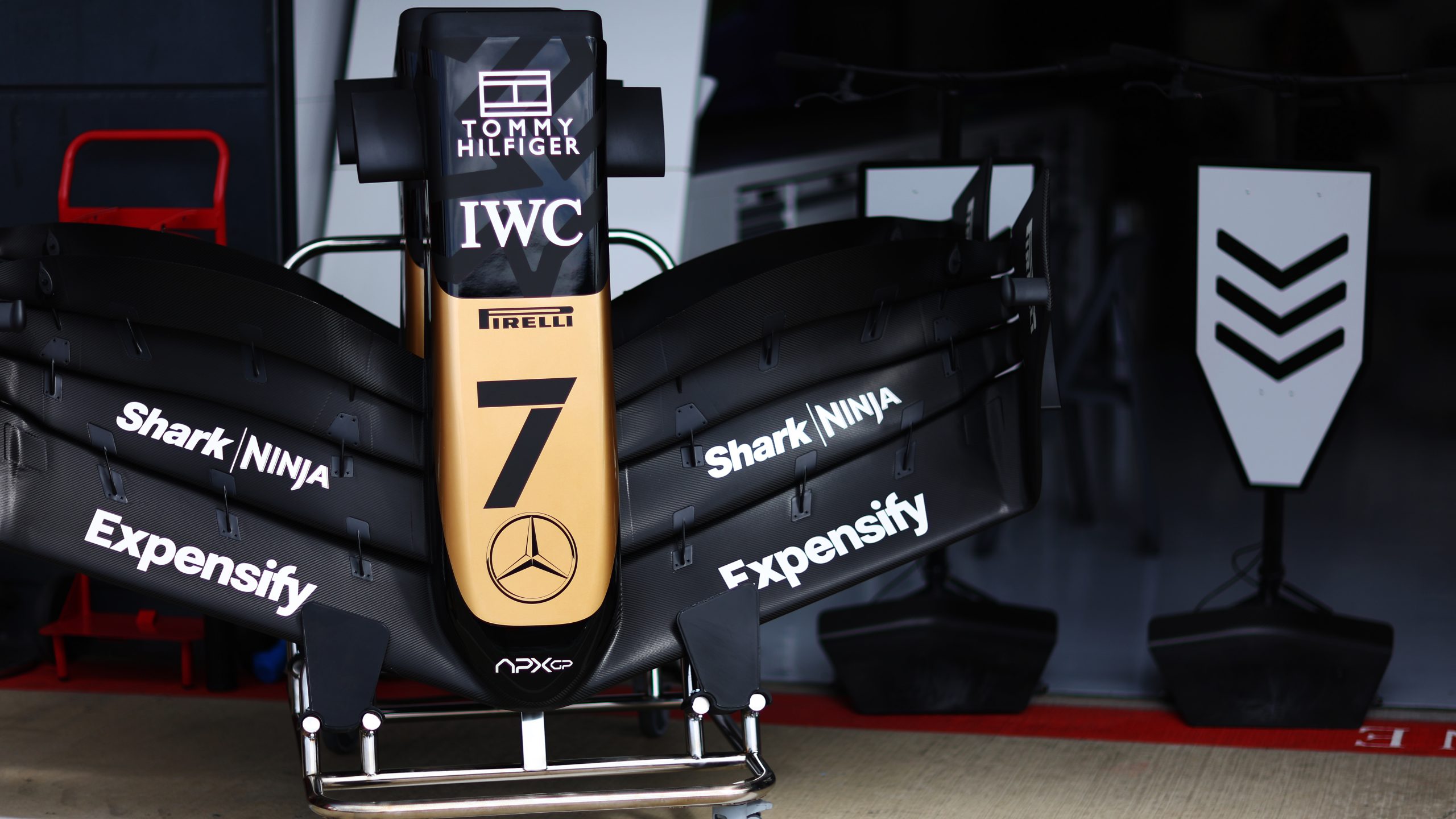 A view from outside the garage of Sonny Hayes, fictional driver to be portrayed by Brad Pitt in the upcoming Formula One based movie, Apex, during previews ahead of the F1 Grand Prix of Great Britain at Silverstone Circuit on July 06, 2023 in Northampton, England. (Photo by Dan Istitene - Formula 1/Formula 1 via Getty Images)