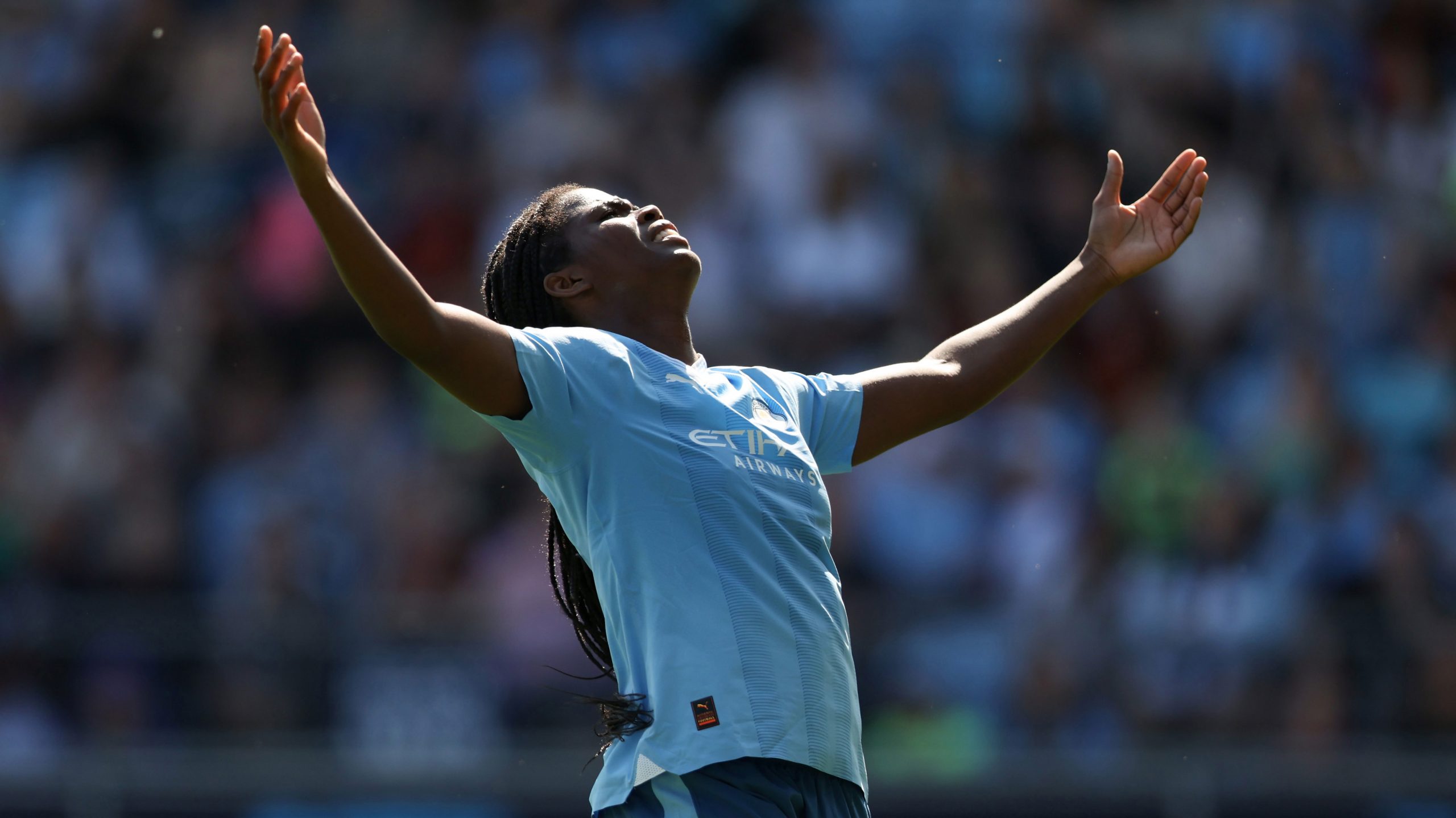 Manchester City star Khadija Shaw reacts during the FA Women's Super League match against Everton FC.