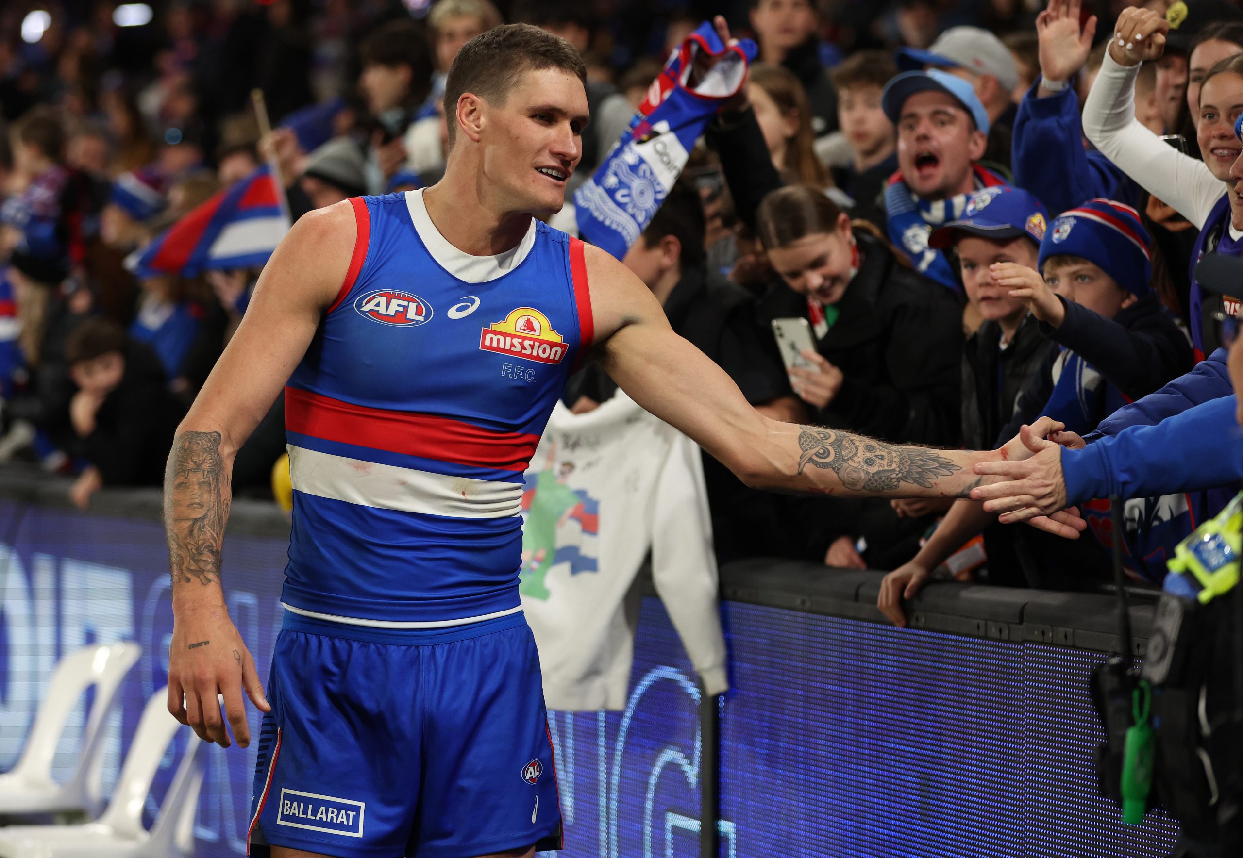 MELBOURNE, AUSTRALIA - JULY 01: Rory Lobb of the Bulldogs celebrates after the Bulldogs defeated the Dockers during the round 16 AFL match between Western Bulldogs and Fremantle Dockers at Marvel Stadium, on July 01, 2023, in Melbourne, Australia. (Photo by Robert Cianflone/Getty Images)