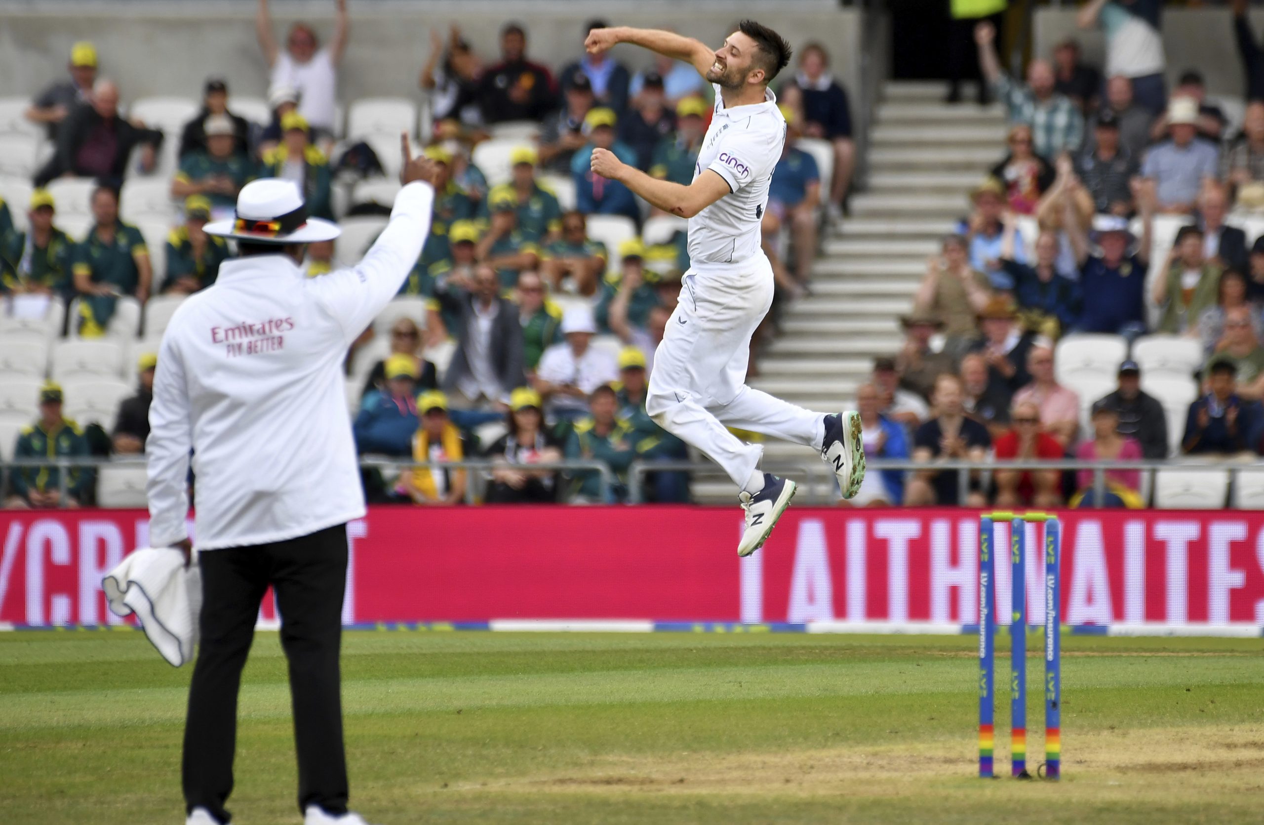 England's Mark Wood celebrates after dismissing Australia's Pat Cummins during the third day of the third Ashes Test match between England and Australia at Headingley.