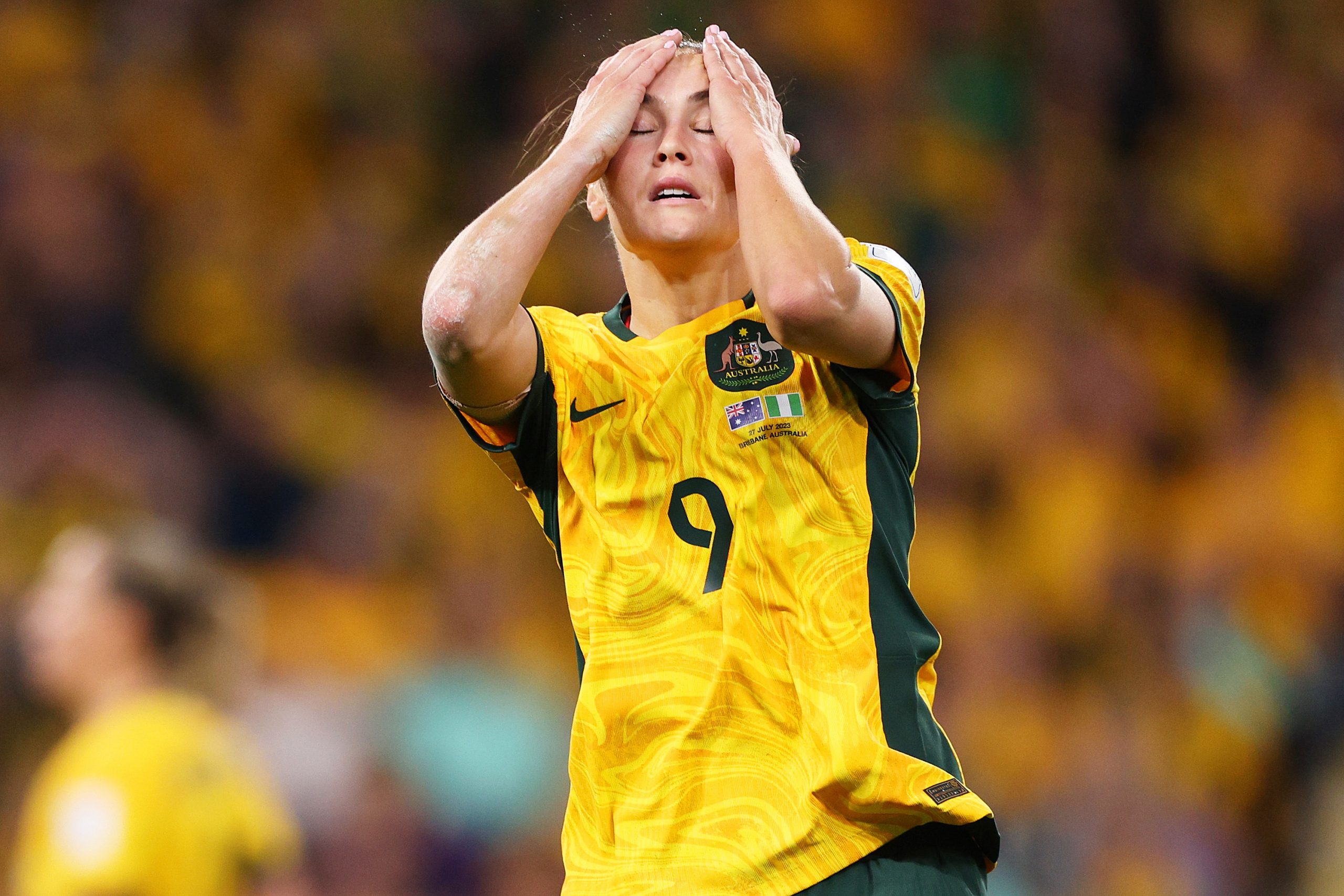 BRISBANE, AUSTRALIA - JULY 27: Caitlin Foord of Australia reacts after a missed chance  during the FIFA Women's World Cup Australia & New Zealand 2023 Group B match between Australia and Nigeria at Brisbane Stadium on July 27, 2023 in Brisbane / Meaanjin, Australia. (Photo by Elsa - FIFA/FIFA via Getty Images)