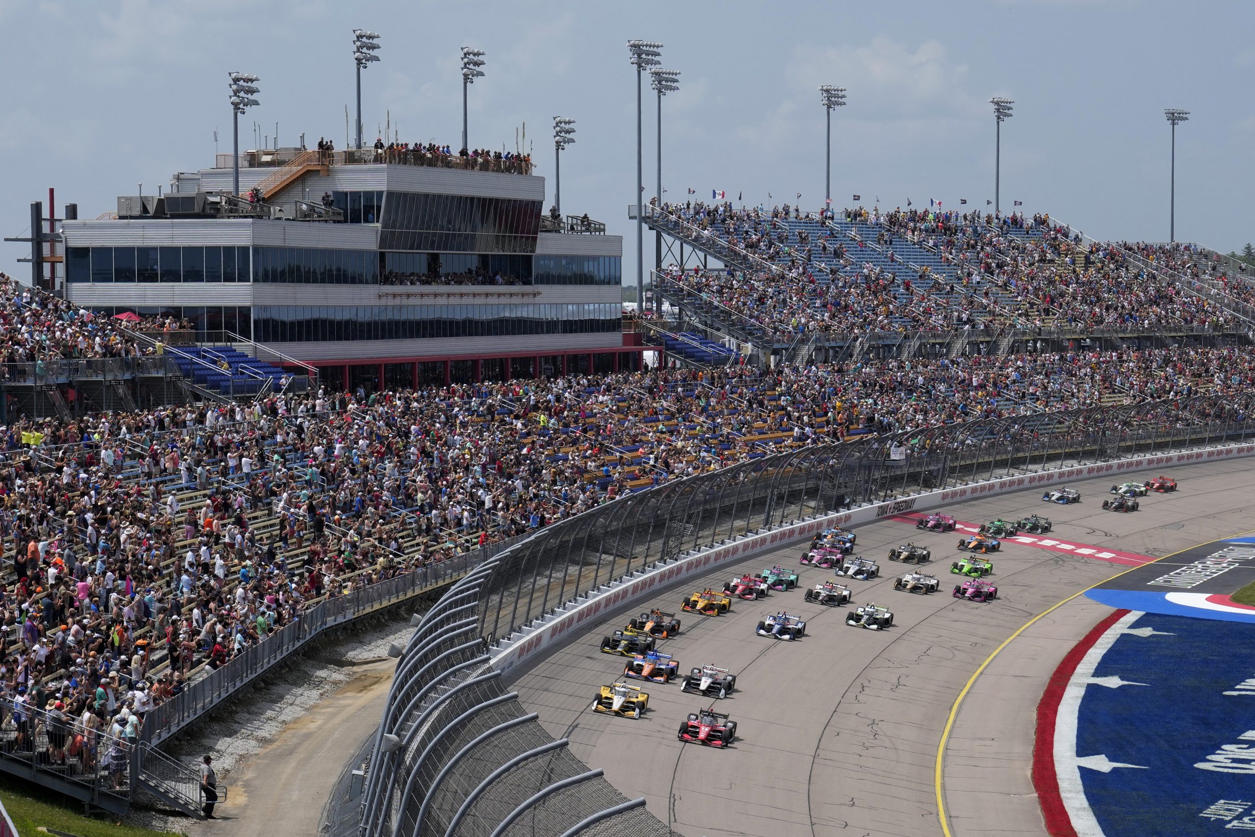 The start of the first of two IndyCar races at Iowa Speeway, led by Will Power.