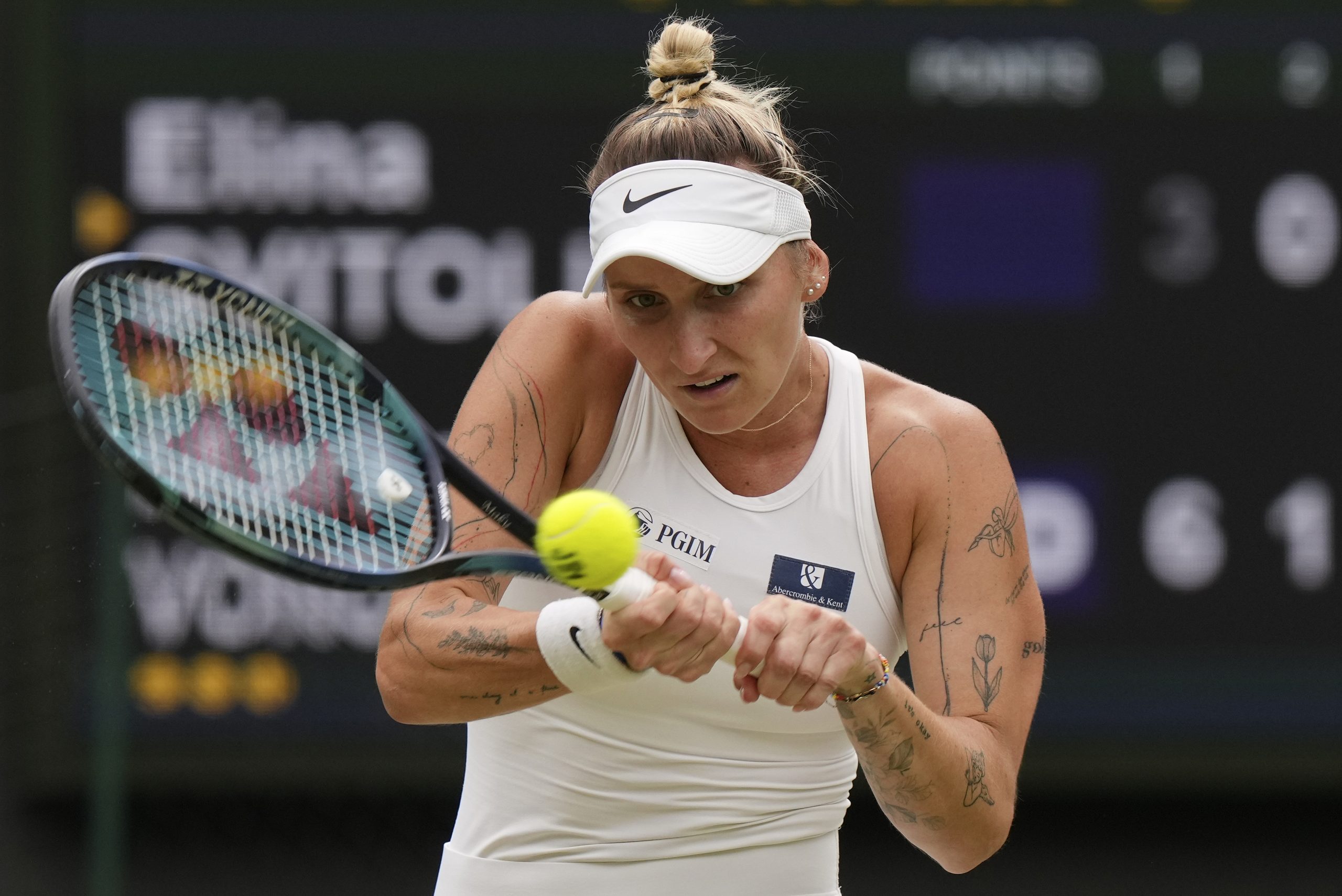 Czech Republic's Marketa Vondrousova returns to Ukraine's Elina Svitolina in a women's singles semifinal match.