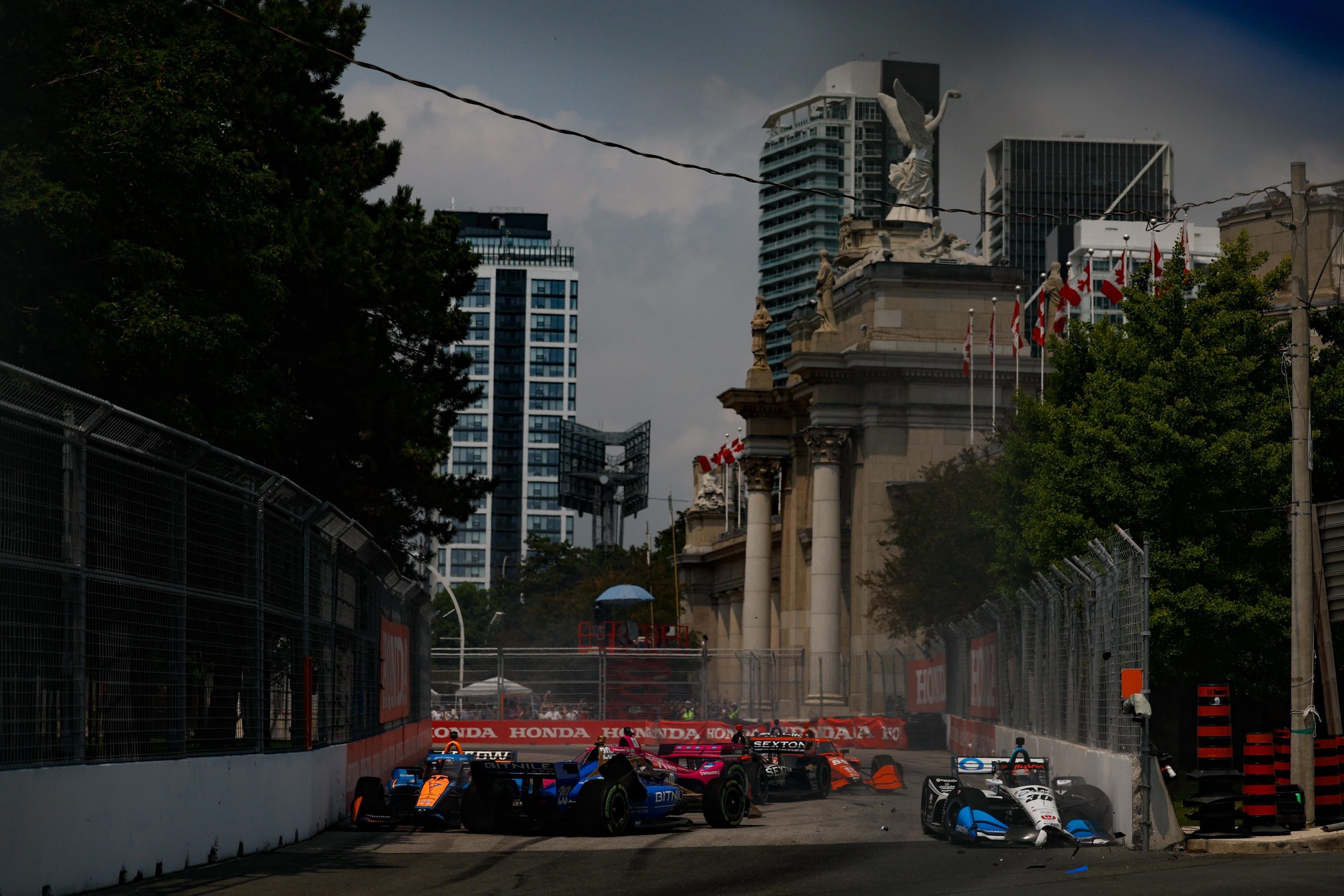 The pile-up at turn one of the IndyCar race at Toronto.