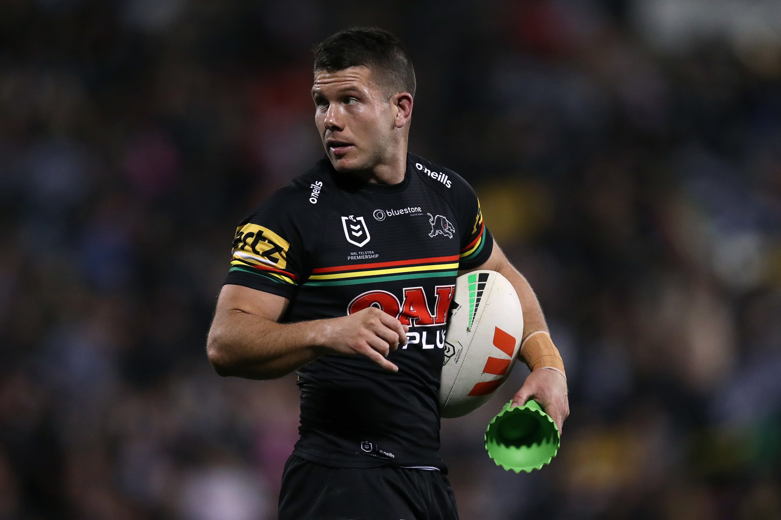 PENRITH, AUSTRALIA - JUNE 24: Jack Cogger of the Panthers looks on during the round 17 NRL match between Penrith Panthers and Newcastle Knights at BlueBet Stadium on June 24, 2023 in Penrith, Australia. (Photo by Jason McCawley/Getty Images)