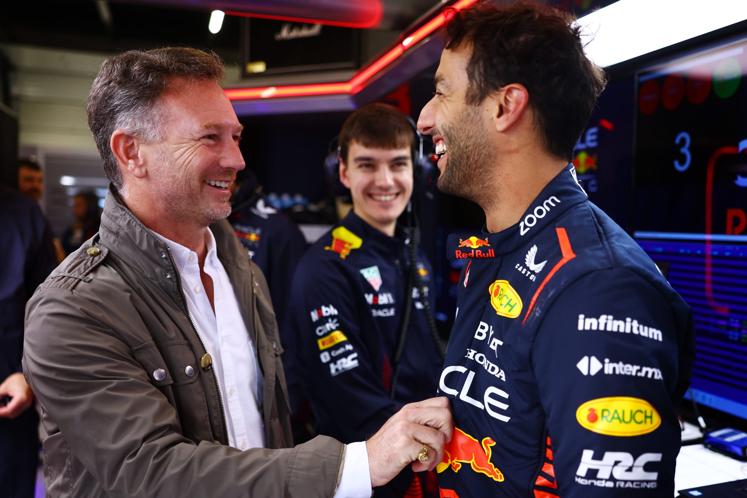 Red Bull team principal Christian Horner (left) with Daniel Ricciardo during the tyre test at Silverstone.