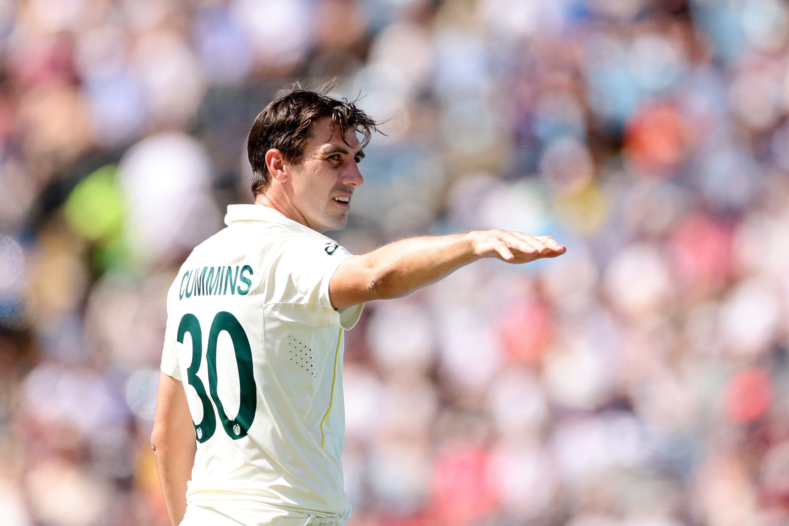 LEEDS, ENGLAND - JULY 07: Australia captain Pat Cummins during Day Two of the LV= Insurance Ashes 3rd Test Match between England and Australia at Headingley on July 07, 2023 in Leeds, England. (Photo by Jan Kruger/Getty Images)