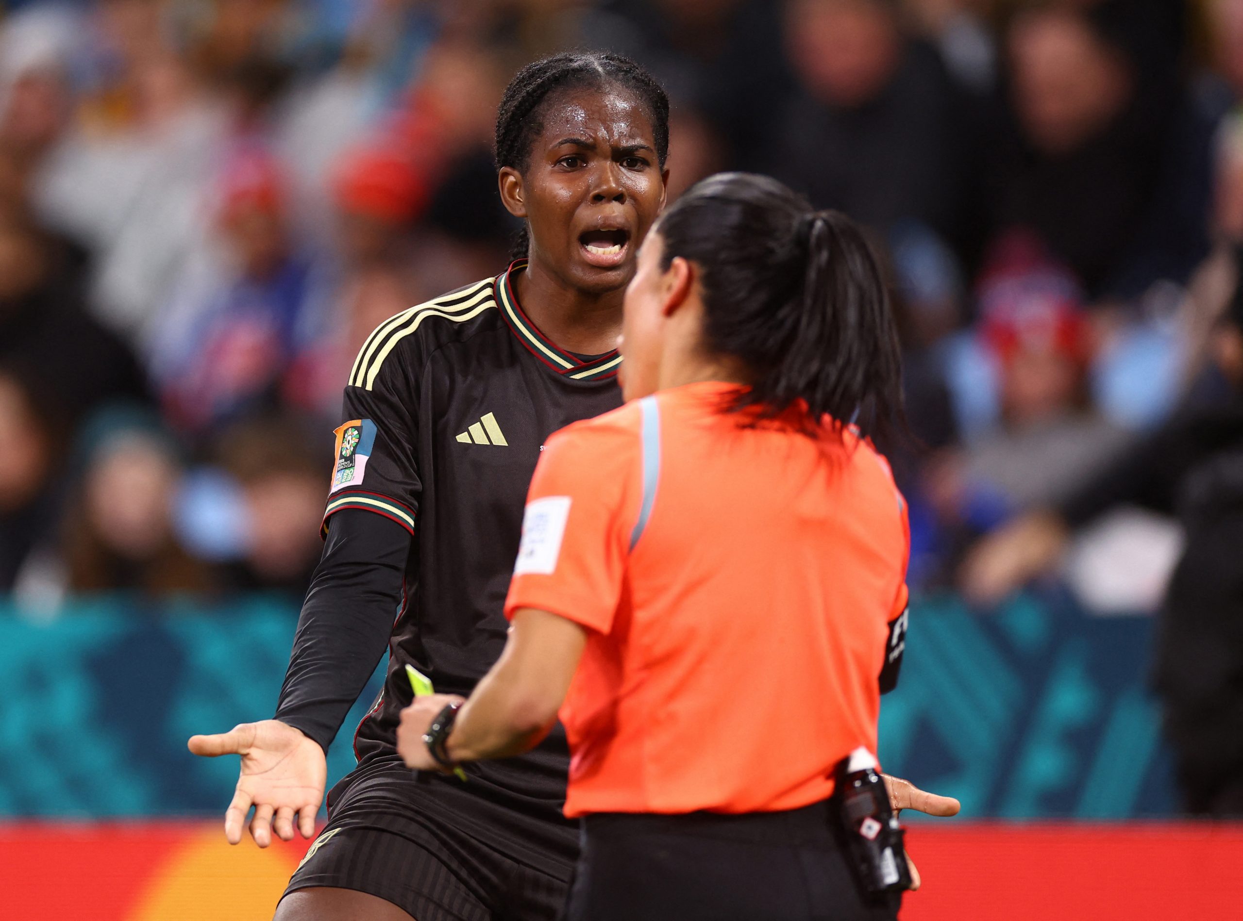 Jamaica's Khadija Shaw reacts after being shown a red card by referee Maria Carvajal.