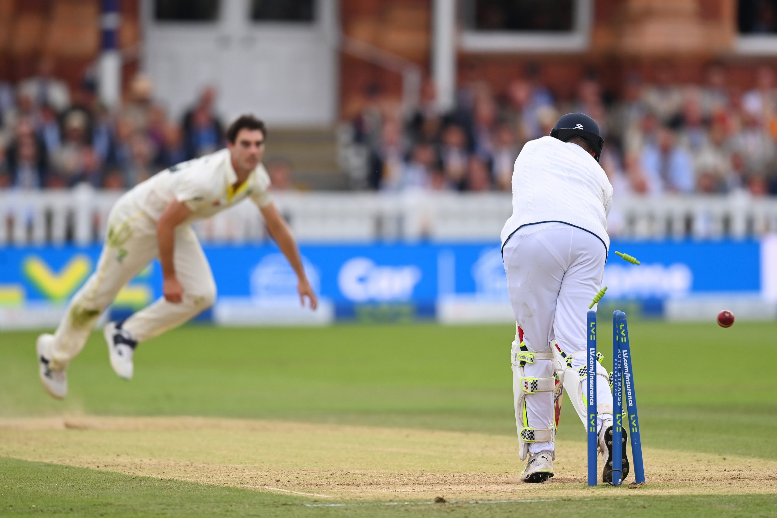 Pat Cummins bowls Harry Brook in the second innings on day four of the seocnd Test at Lord's. 