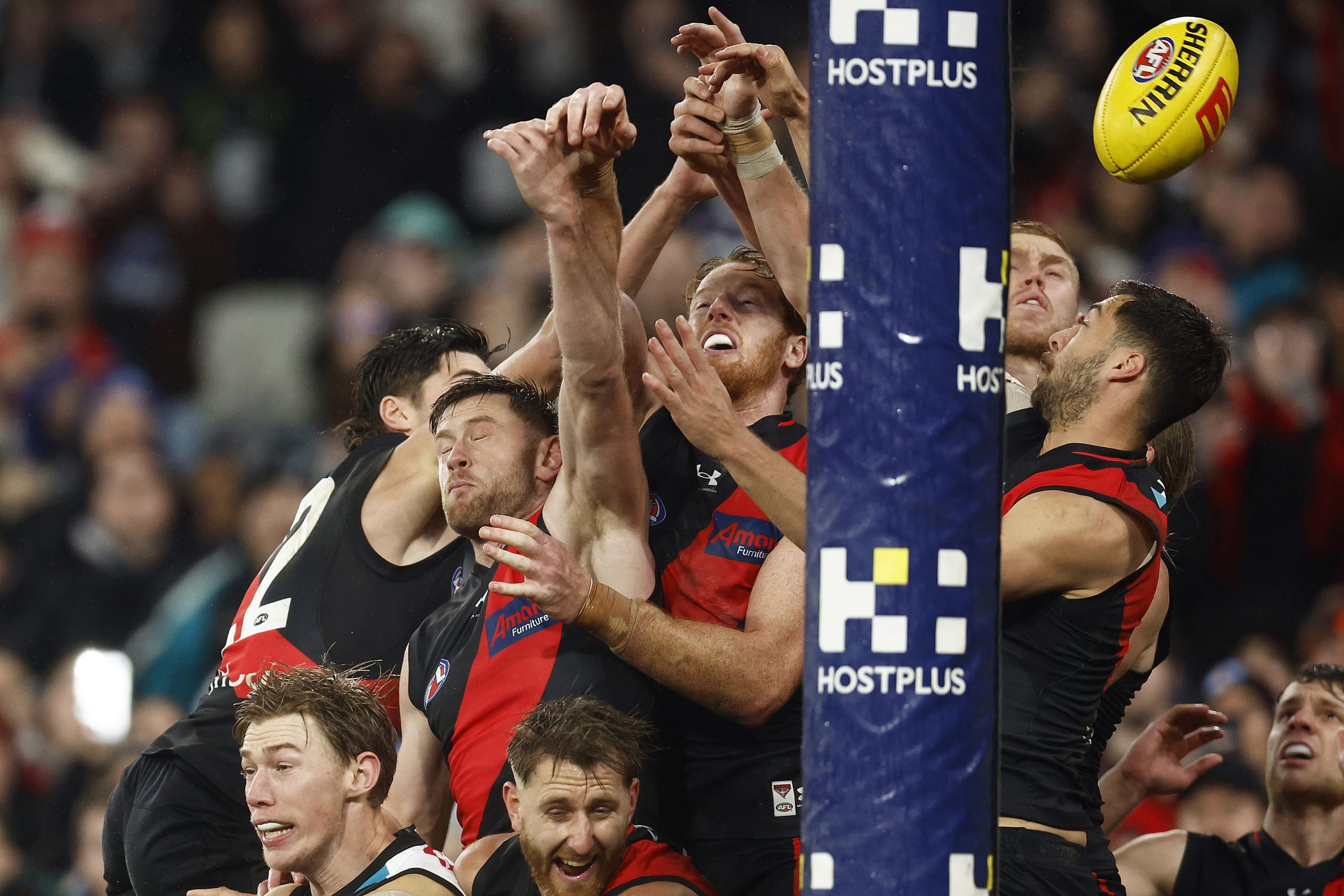 MELBOURNE, AUSTRALIA - JULY 01: Dan Houston of the Power (R) celebrates kicking the winning goal after the final siren during the round 16 AFL match between Essendon Bombers and Port Adelaide Power at Melbourne Cricket Ground, on July 01, 2023, in Melbourne, Australia. (Photo by Daniel Pockett/Getty Images)