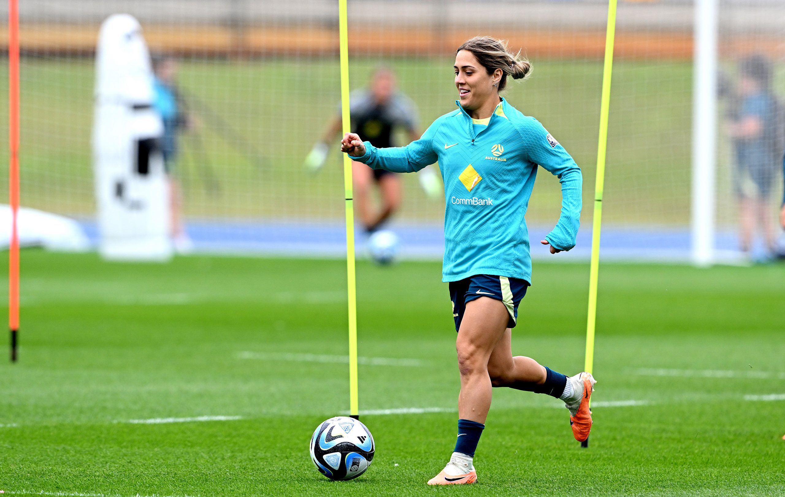 BRISBANE, AUSTRALIA - JULY 24: Katrina Gorry in action during an Australia Matildas open training session at the FIFA Women's World Cup Australia & New Zealand 2023 at Queensland Sport and Athletics Centre on July 24, 2023 in Brisbane, Australia. (Photo by Bradley Kanaris/Getty Images)