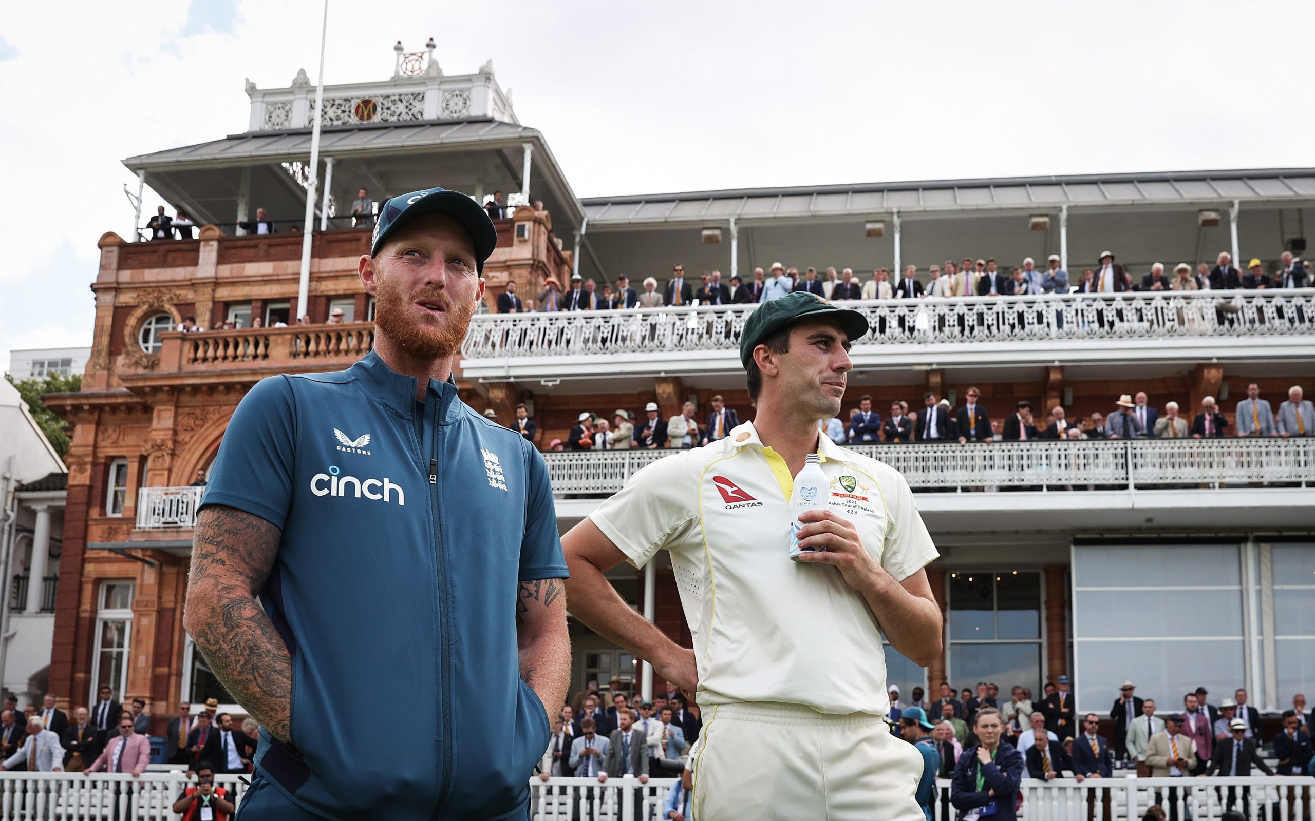Ben Stokes of England with Australian captain Pat Cummins after play on day five of the second Test at Lord's.