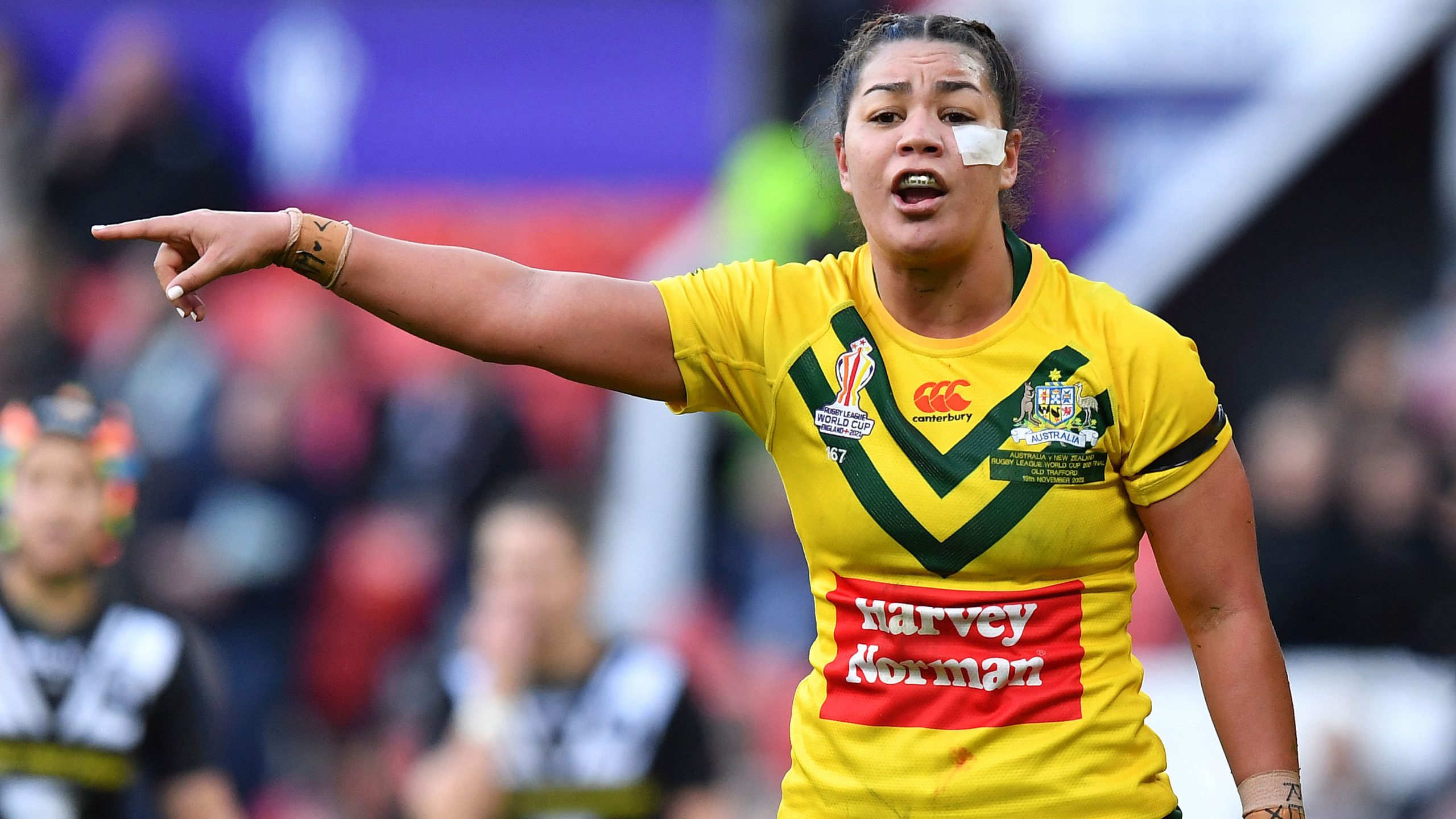 Australia's Kennedy Cherrington gives instructions during the World Cup final against New Zealand at Old Trafford on November 19, 2022 in Manchester, England.