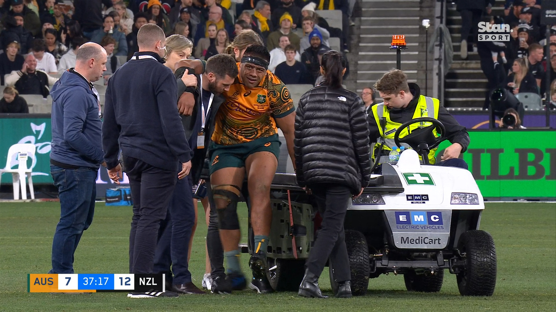 Brutal blow as Wallabies captain carted off