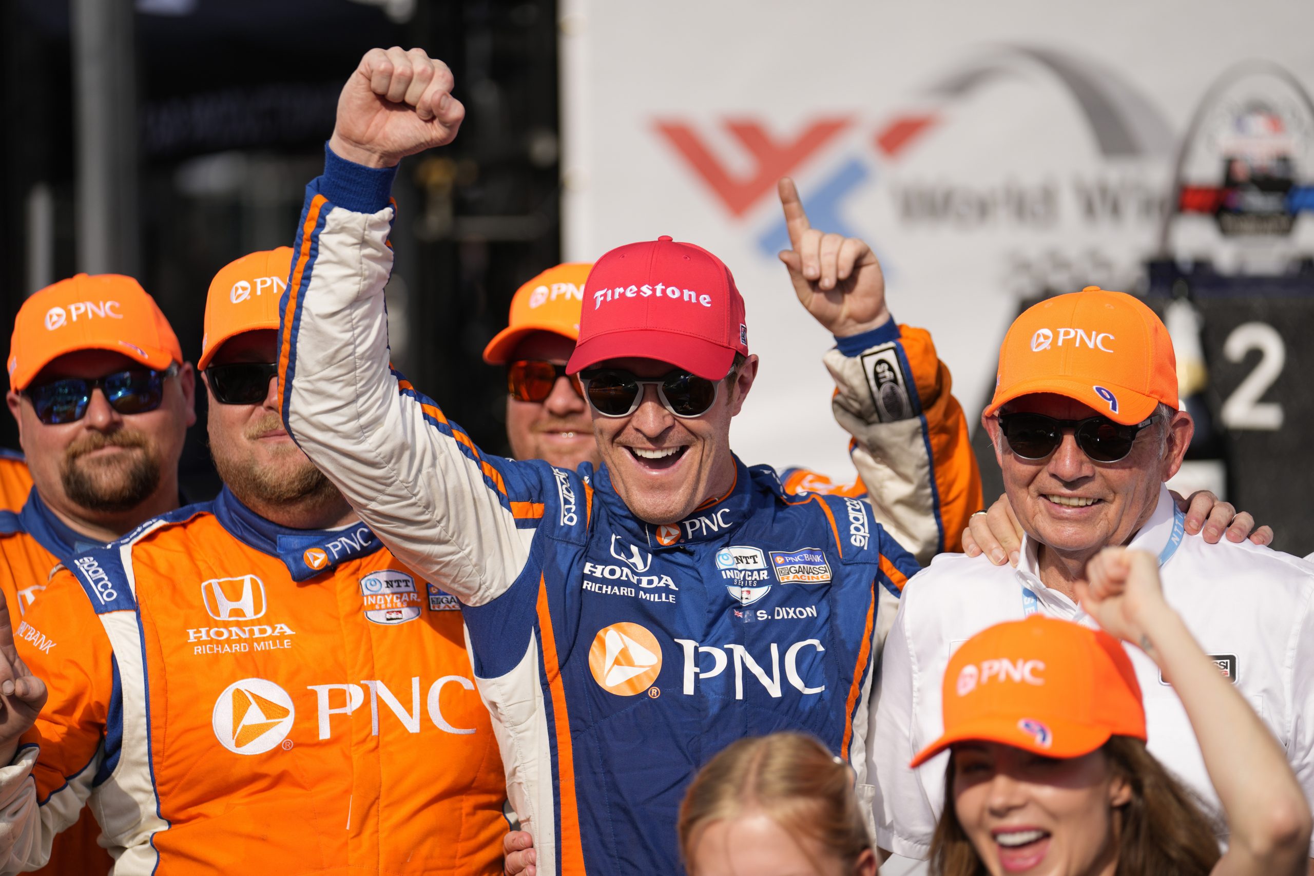 Scott Dixon celebrates after winning at Gateway.
