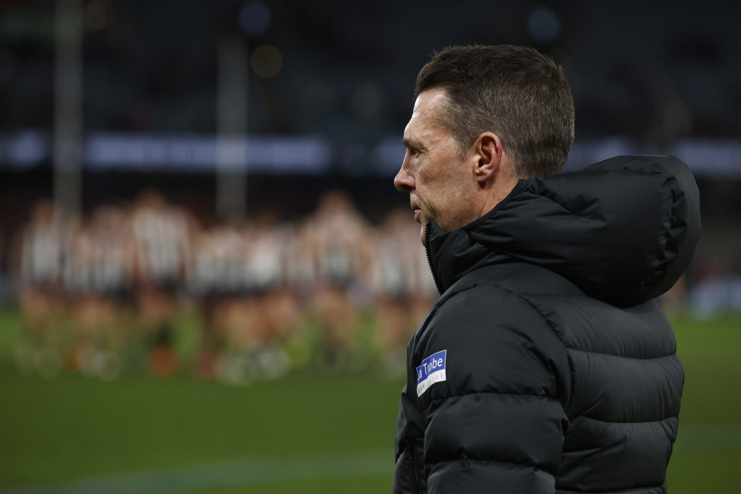 MELBOURNE, AUSTRALIA - AUGUST 18: Magpies head coach Craig McRae looks on after the round 23 AFL match between Collingwood Magpies and Brisbane Lions at Marvel Stadium, on August 18, 2023, in Melbourne, Australia. (Photo by Daniel Pockett/Getty Images)