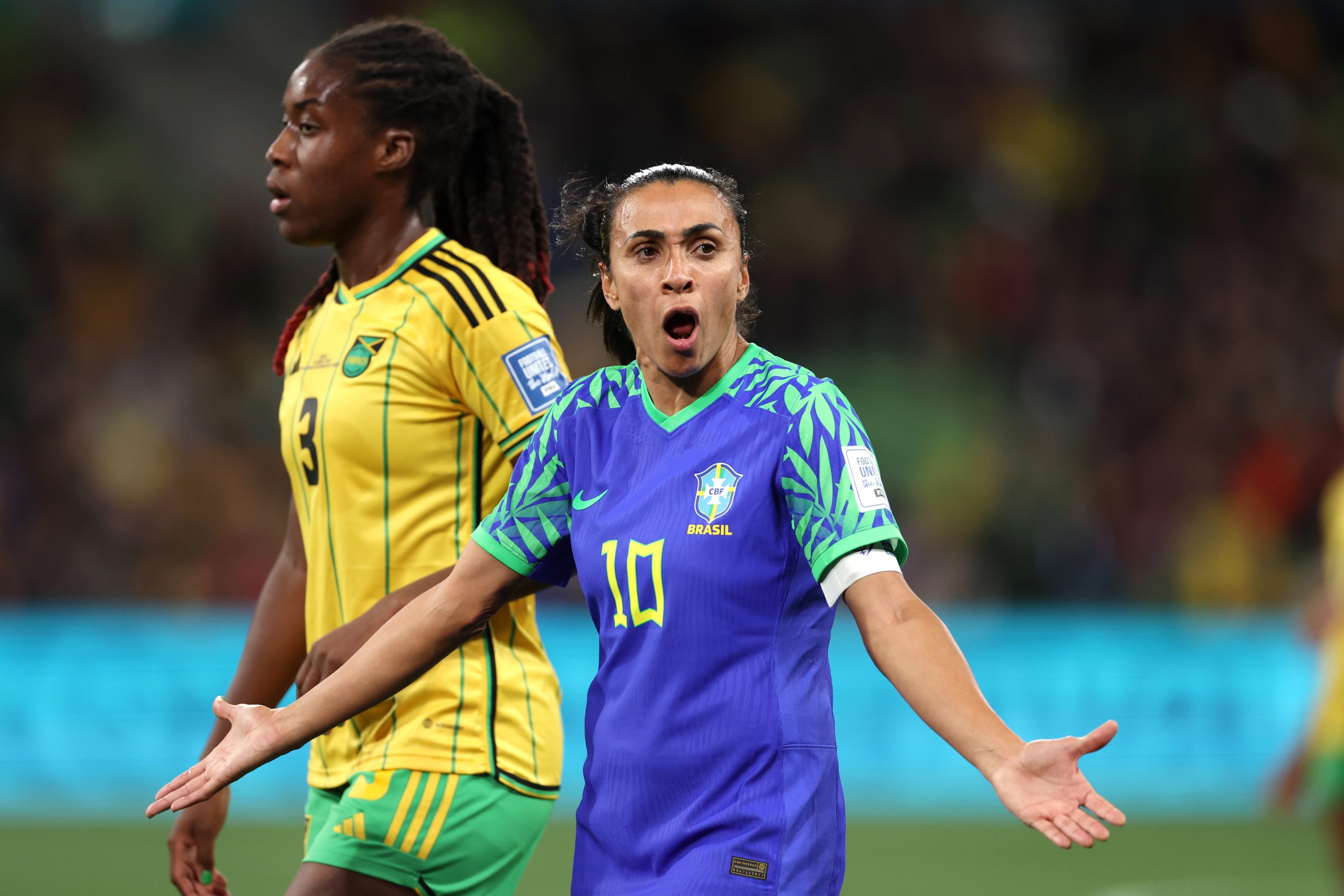 MELBOURNE, AUSTRALIA - AUGUST 02: Marta of Brazil reacts during the FIFA Women's World Cup Australia & New Zealand 2023 Group F match between Jamaica and Brazil at Melbourne Rectangular Stadium on August 02, 2023 in Melbourne, Australia. (Photo by Alex Pantling - FIFA/FIFA via Getty Images)