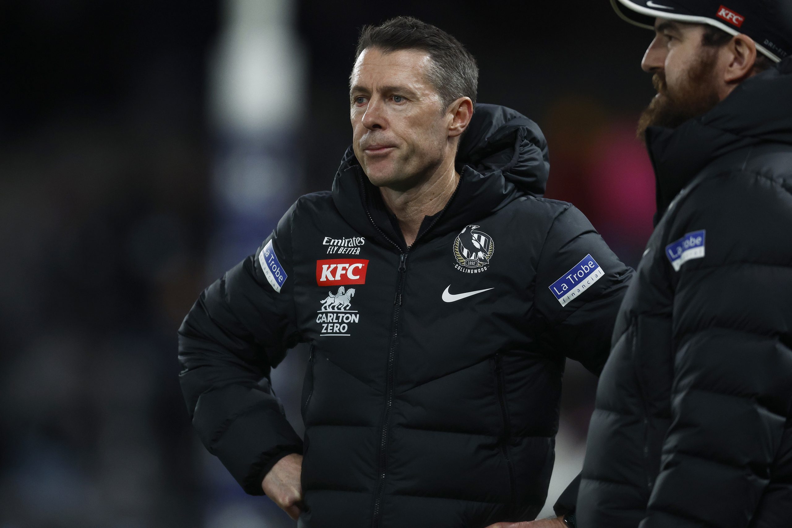 MELBOURNE, AUSTRALIA - AUGUST 18: Magpies head coach Craig McRae looks on after the round 23 AFL match between Collingwood Magpies and Brisbane Lions at Marvel Stadium, on August 18, 2023, in Melbourne, Australia. (Photo by Daniel Pockett/Getty Images)