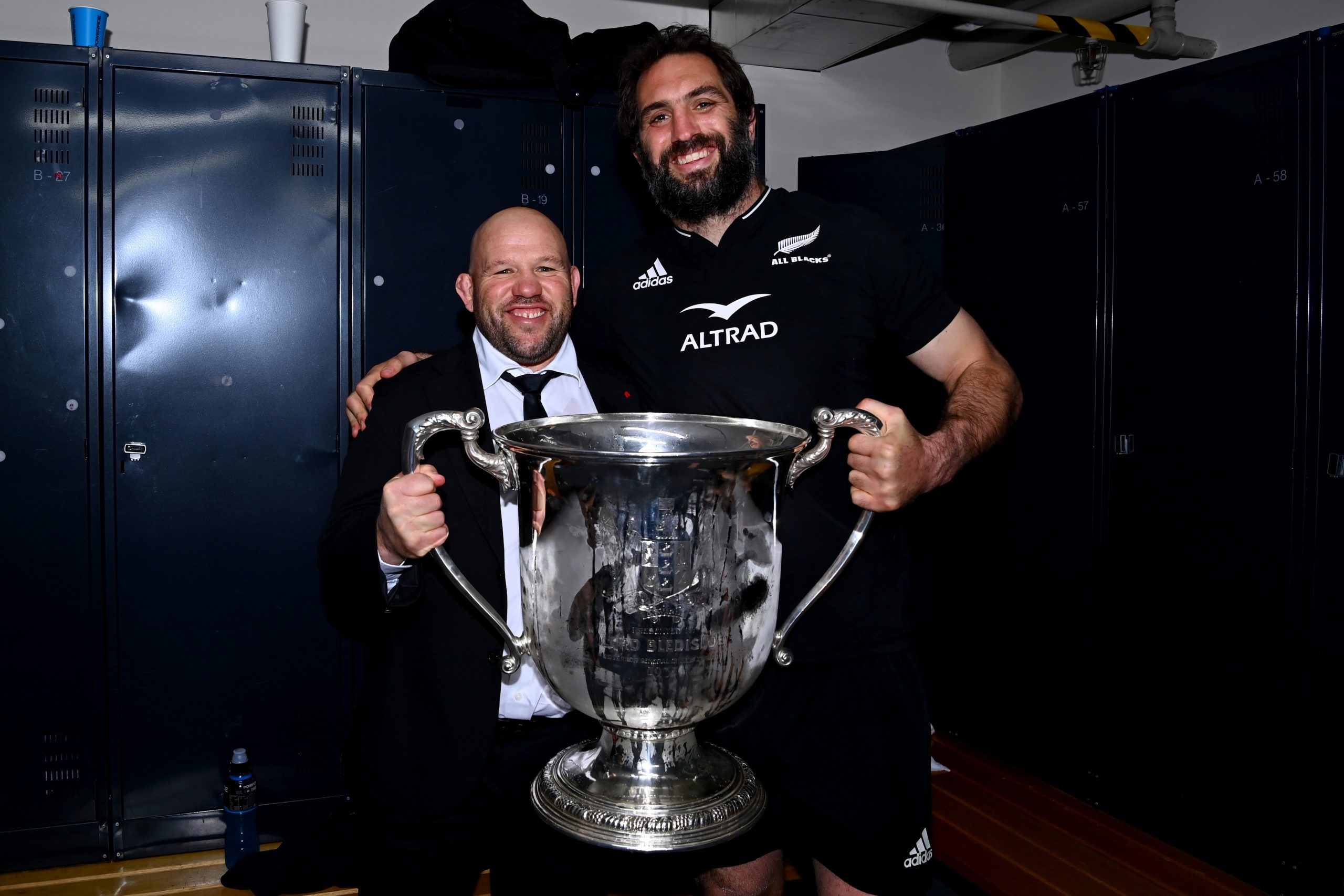 Forwards coach Jason Ryan and Sam Whitelock of the All Blacks.
