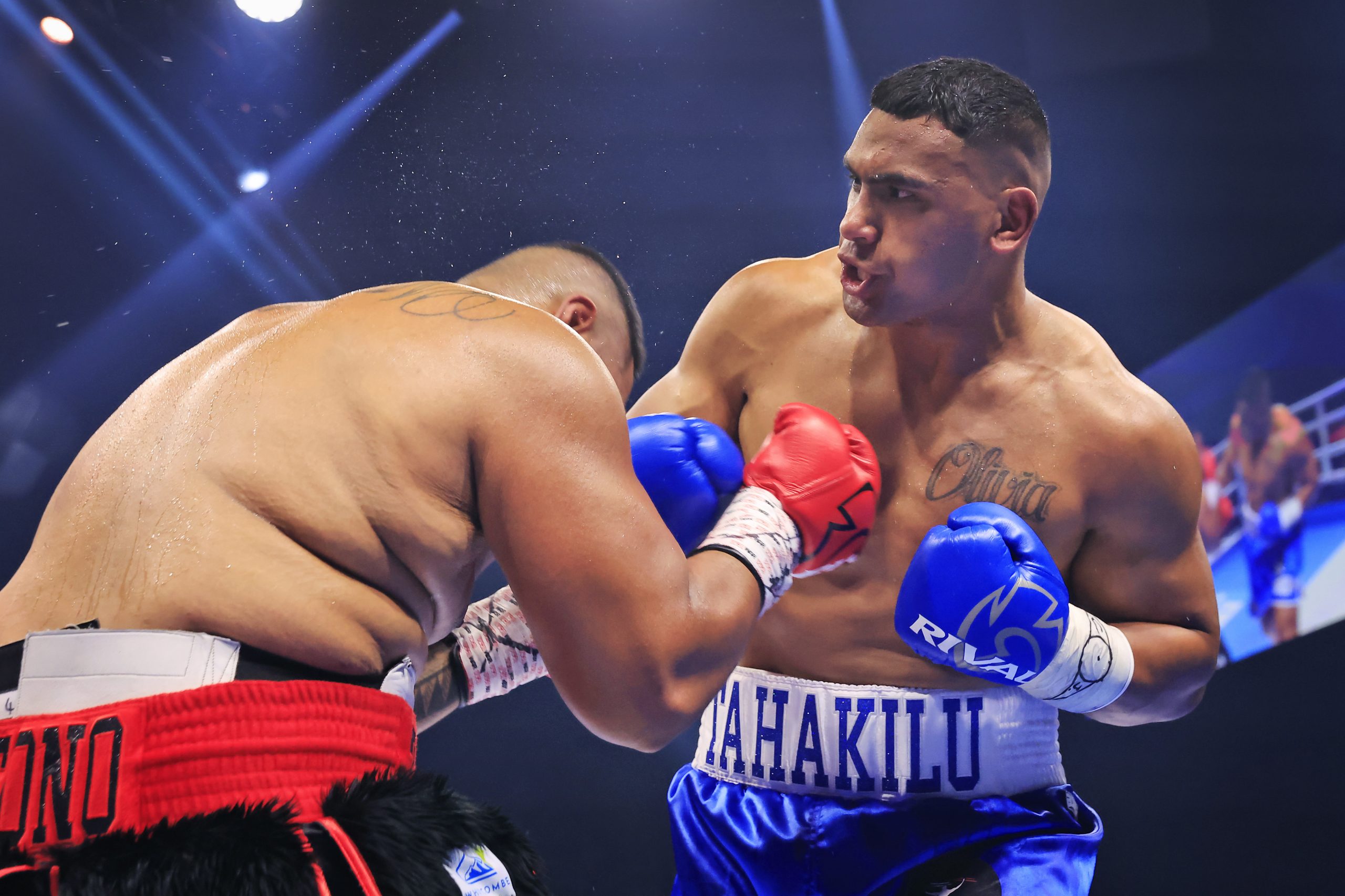 Tevita Pangai Jr throws a punch in the heavyweight fight at Aware Super Theatre.